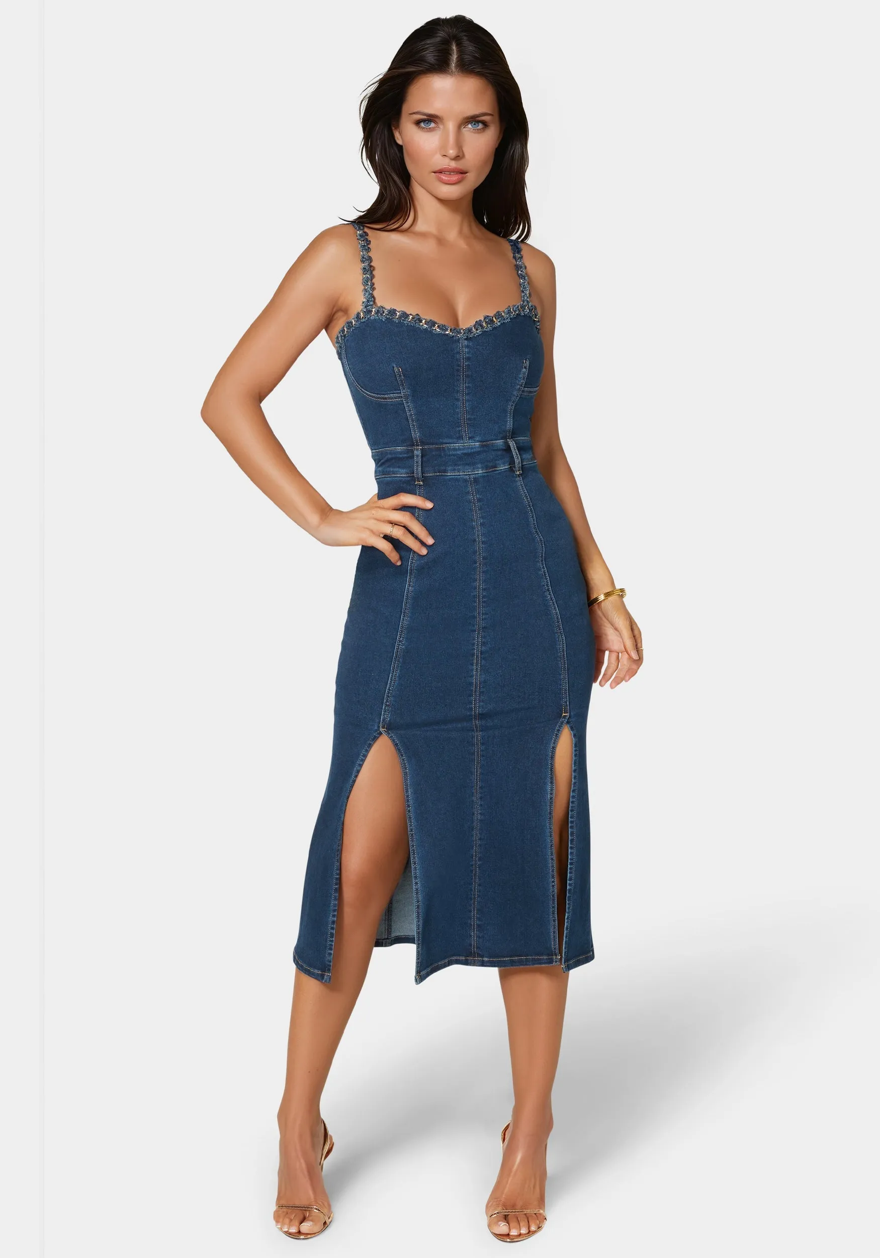 Neckline Chain Trim Midi Denim Dress sold by Bebe