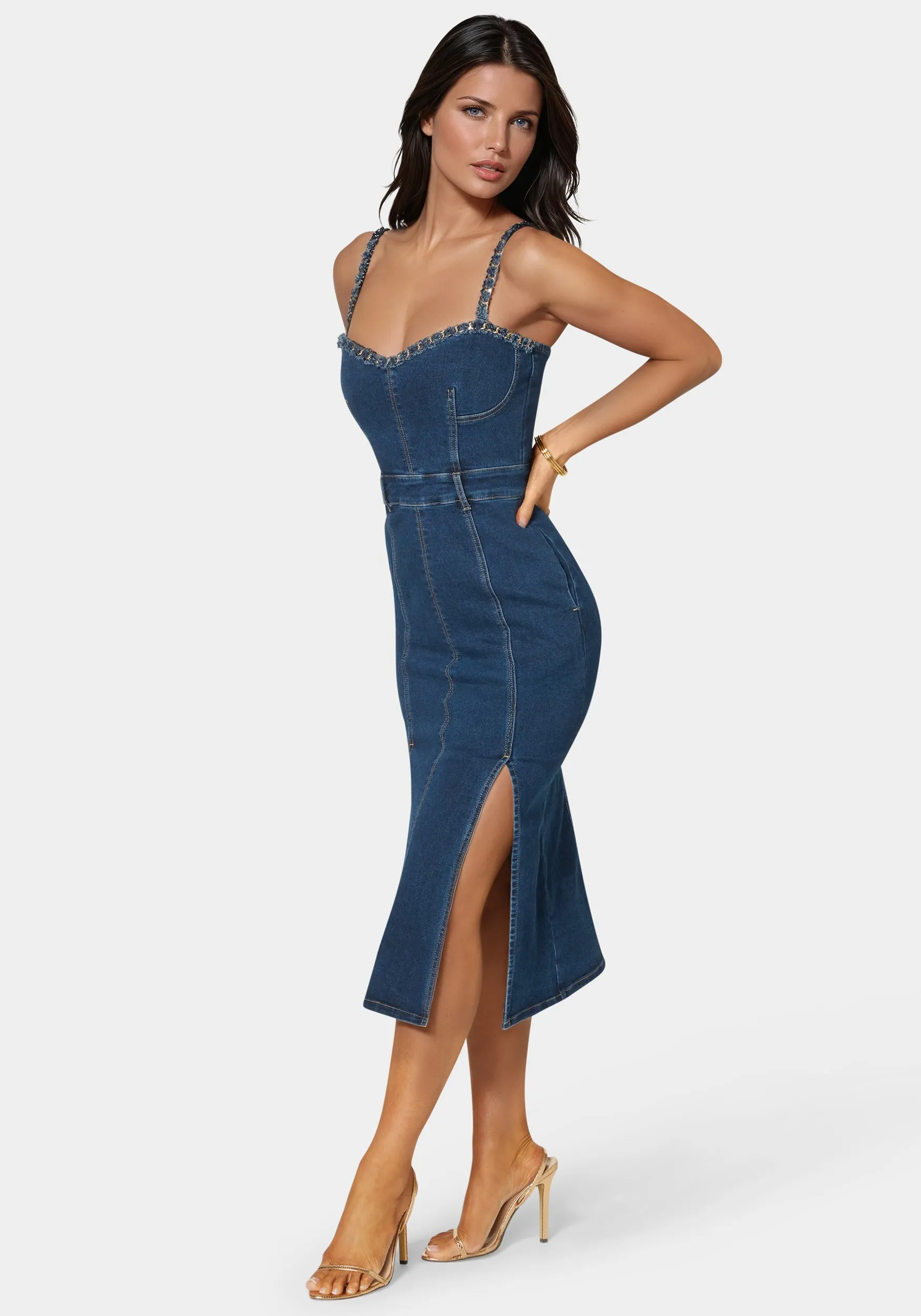 Neckline Chain Trim Midi Denim Dress sold by Bebe product image thumbnail 2