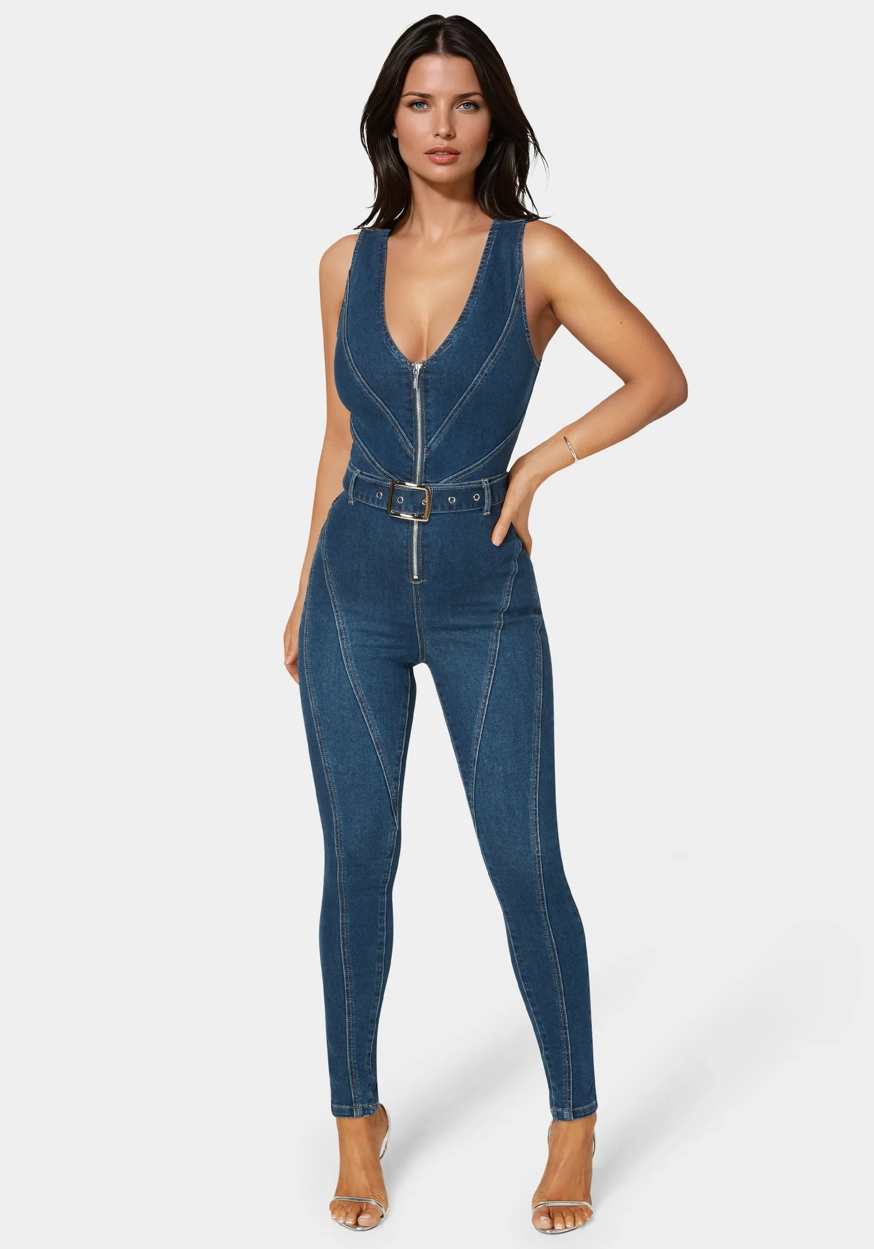 Belted Skinny Leg Denim Jumpsuit sold by Bebe