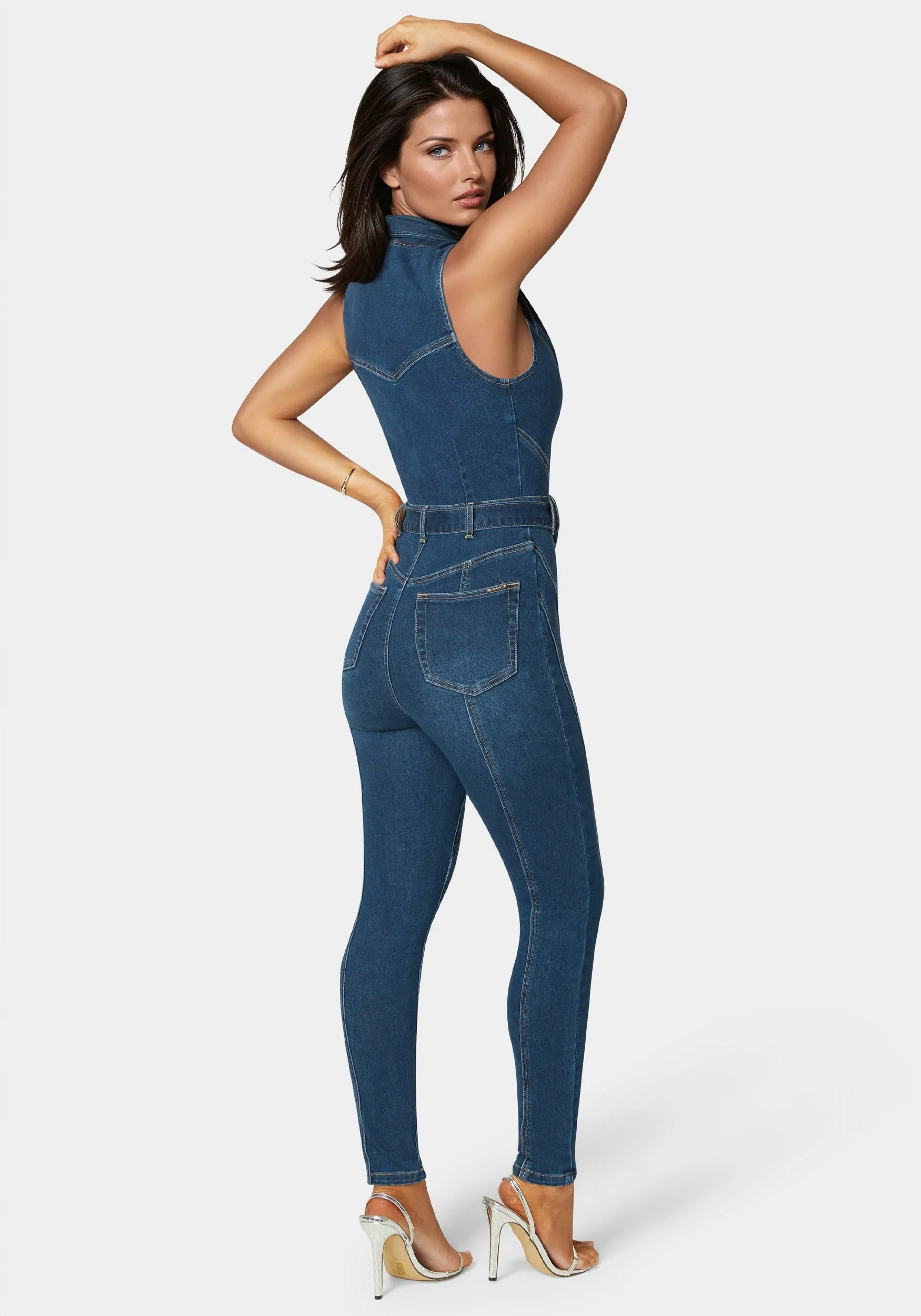 Belted Skinny Leg Denim Jumpsuit sold by Bebe product image thumbnail 4