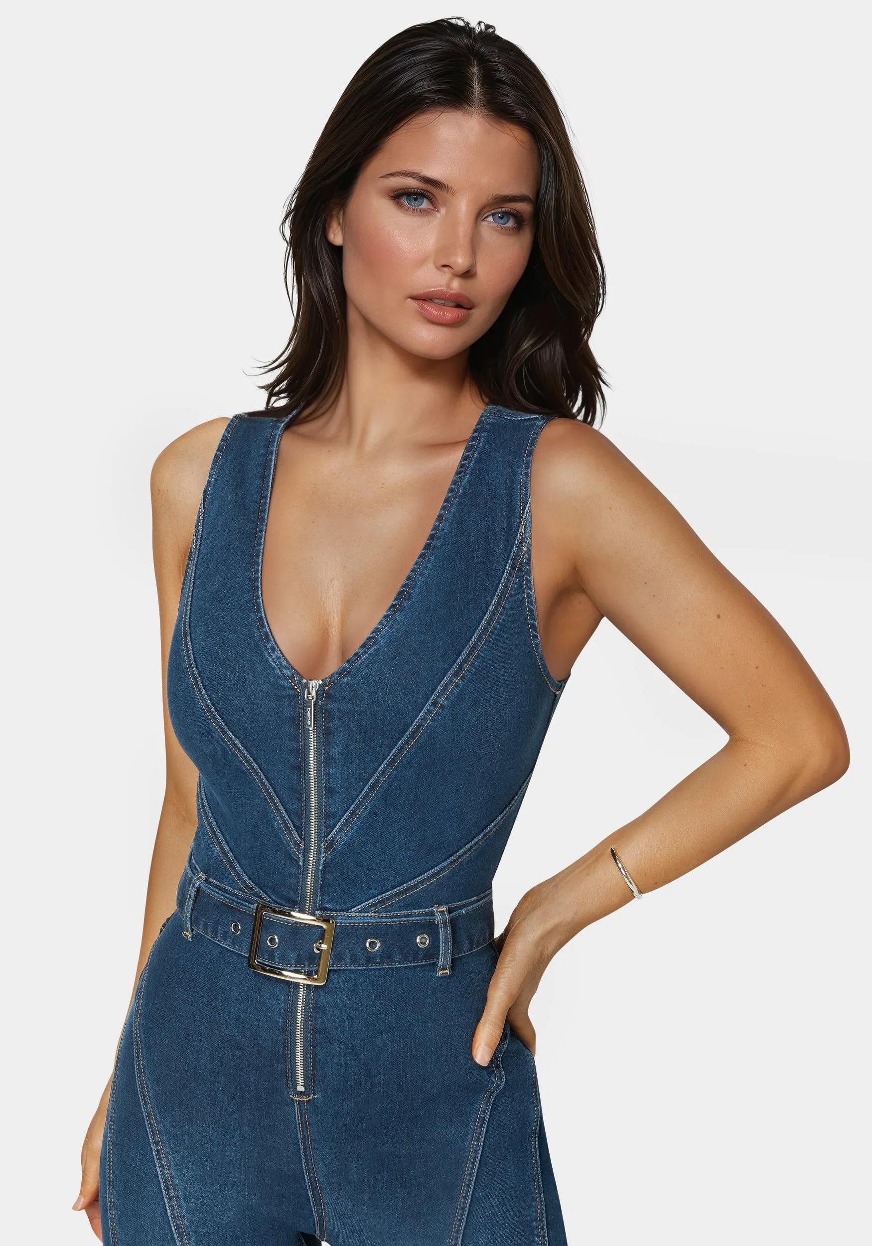 Belted Skinny Leg Denim Jumpsuit sold by Bebe product image thumbnail 3