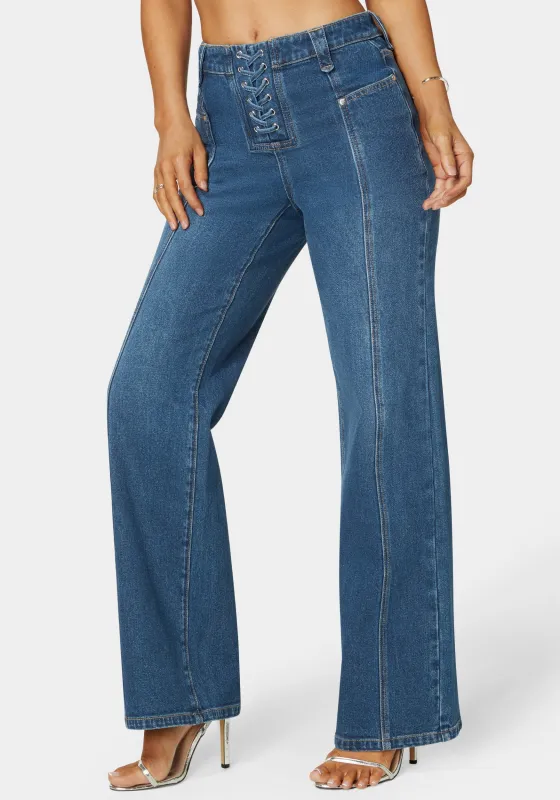 Natural Waist Lace Up Wide Leg Jeans sold by Bebe