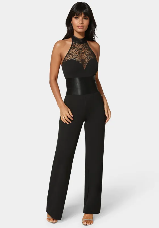 Lace Piecing  Straight Flared Leg Jumpsuit sold by Bebe