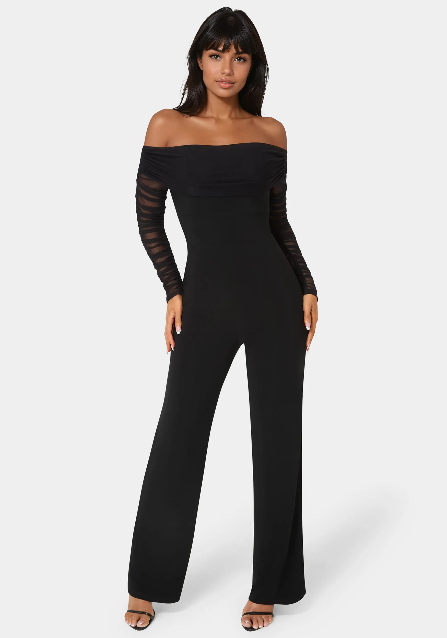 Off Shoulder Ruched Jumpsuit sold by Bebe
