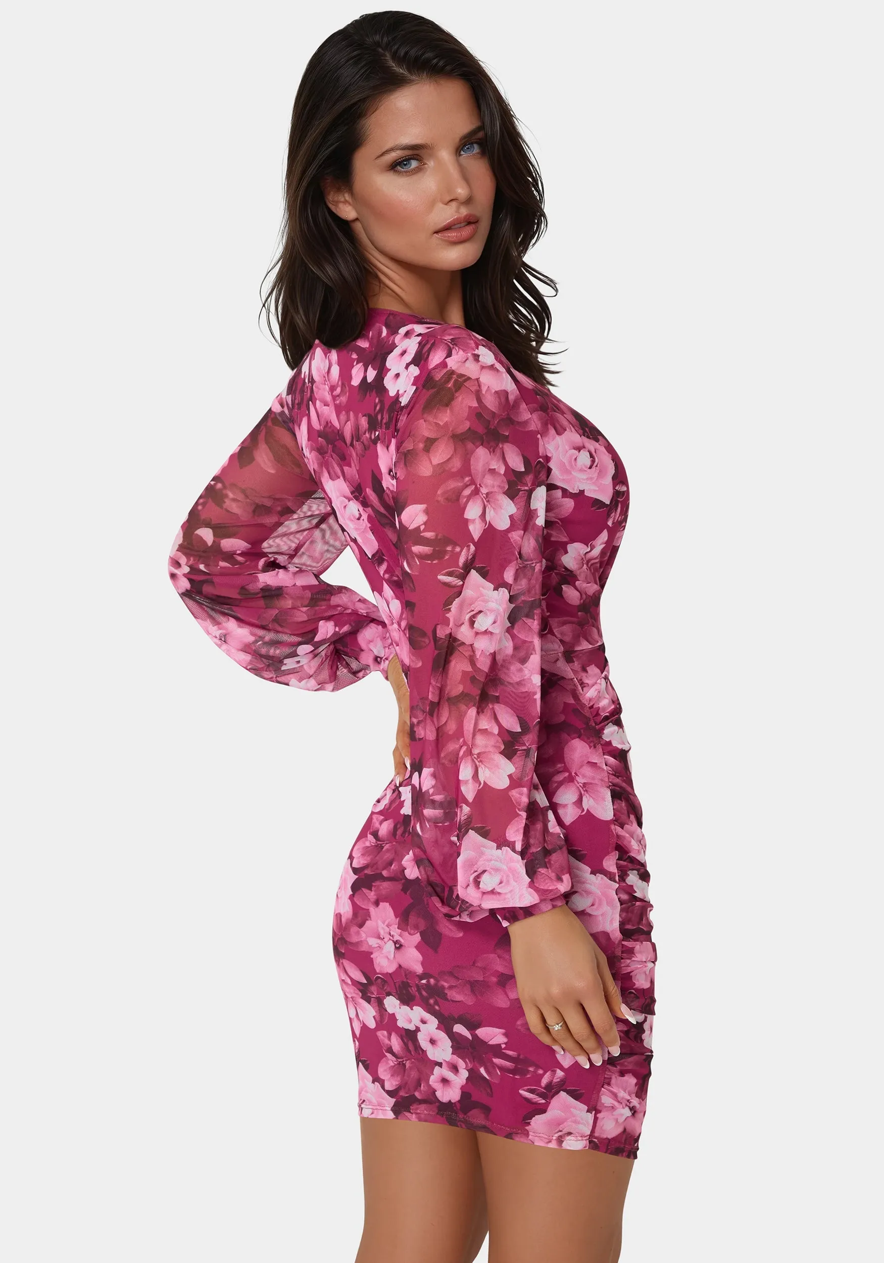 Long Sleeve Faux Wrap Ruched Mini Dress sold by Bebe product image thumbnail 4