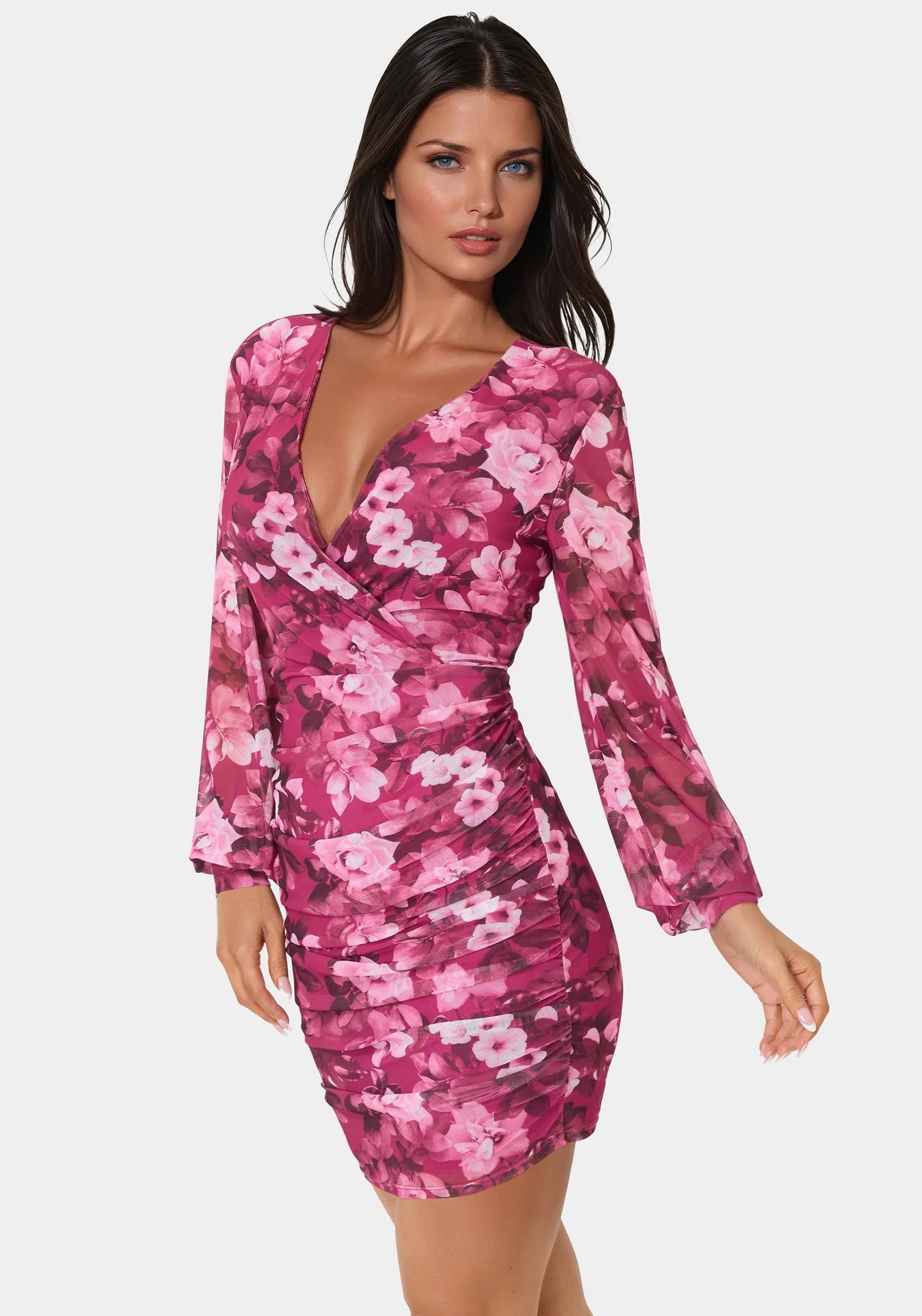 Long Sleeve Faux Wrap Ruched Mini Dress sold by Bebe product image thumbnail 2