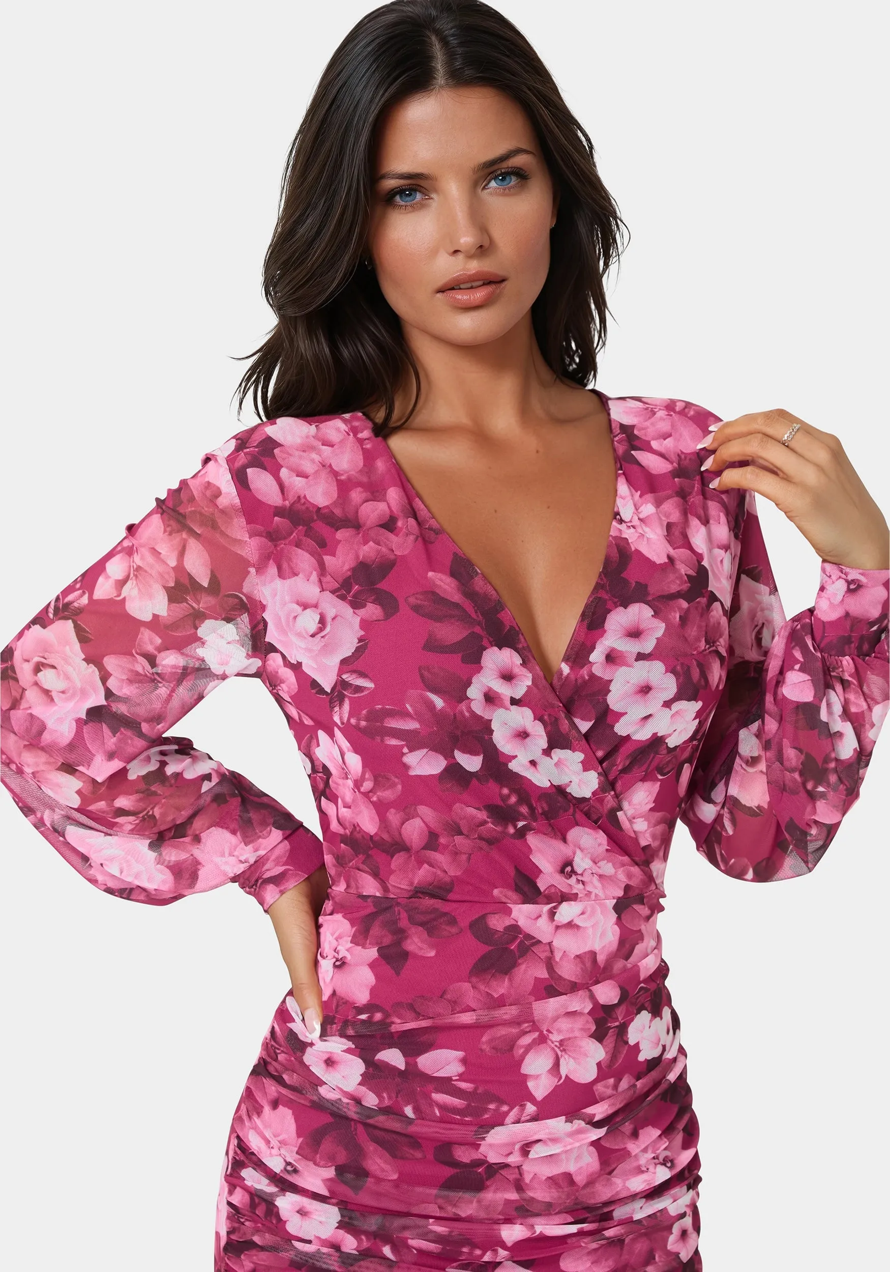 Long Sleeve Faux Wrap Ruched Mini Dress sold by Bebe product image thumbnail 3