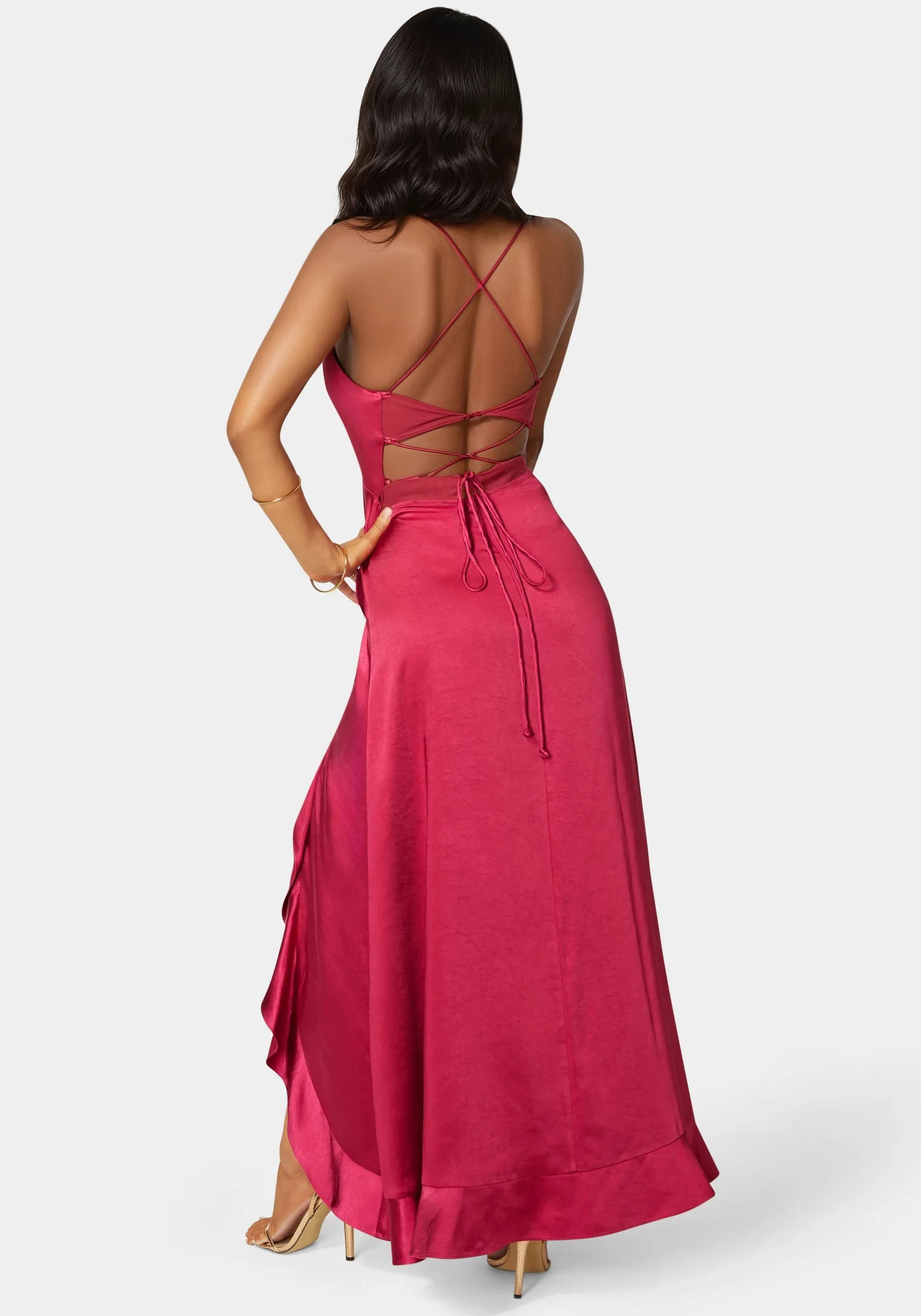 Satin Ruffle Lace Up Back Maxi Dress sold by Bebe product image thumbnail 4