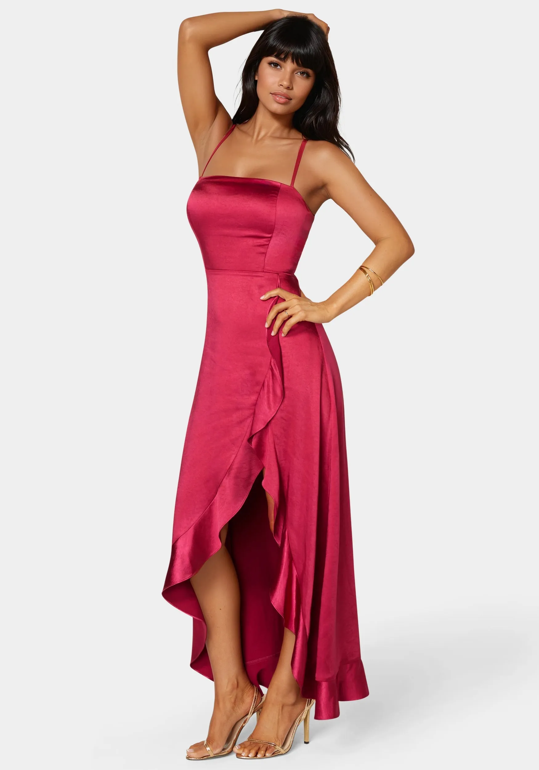 Satin Ruffle Lace Up Back Maxi Dress sold by Bebe product image thumbnail 2