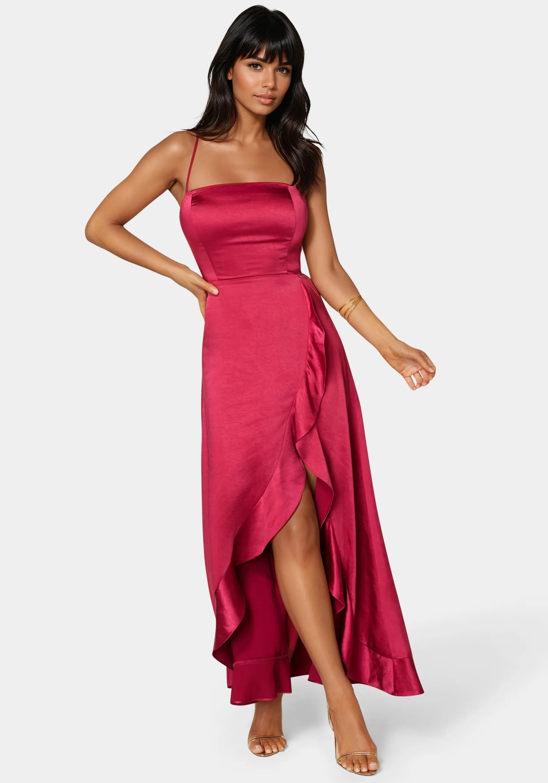 Satin Ruffle Lace Up Back Maxi Dress sold by Bebe
