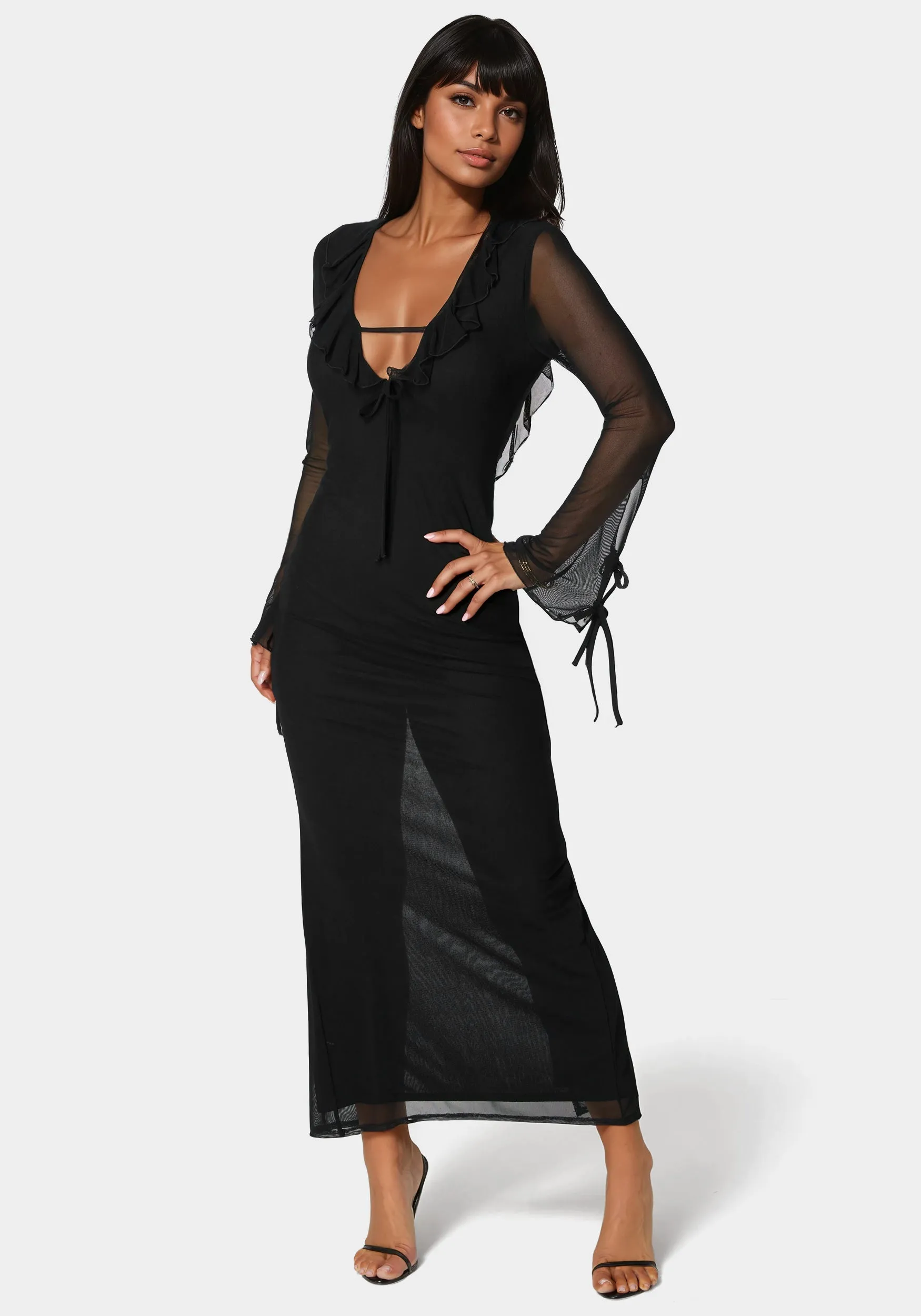 Ruffle Detail Mesh Maxi Dress sold by Bebe