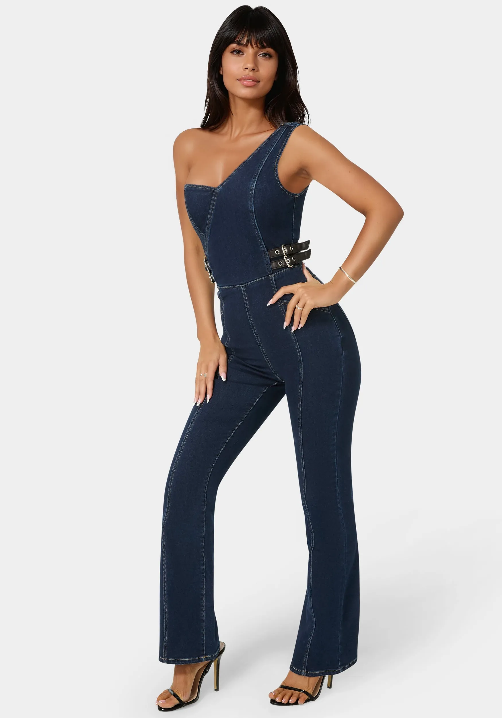 One Shoulder Straight Flare Leg Denim Jumpsuit sold by Bebe product image thumbnail 2