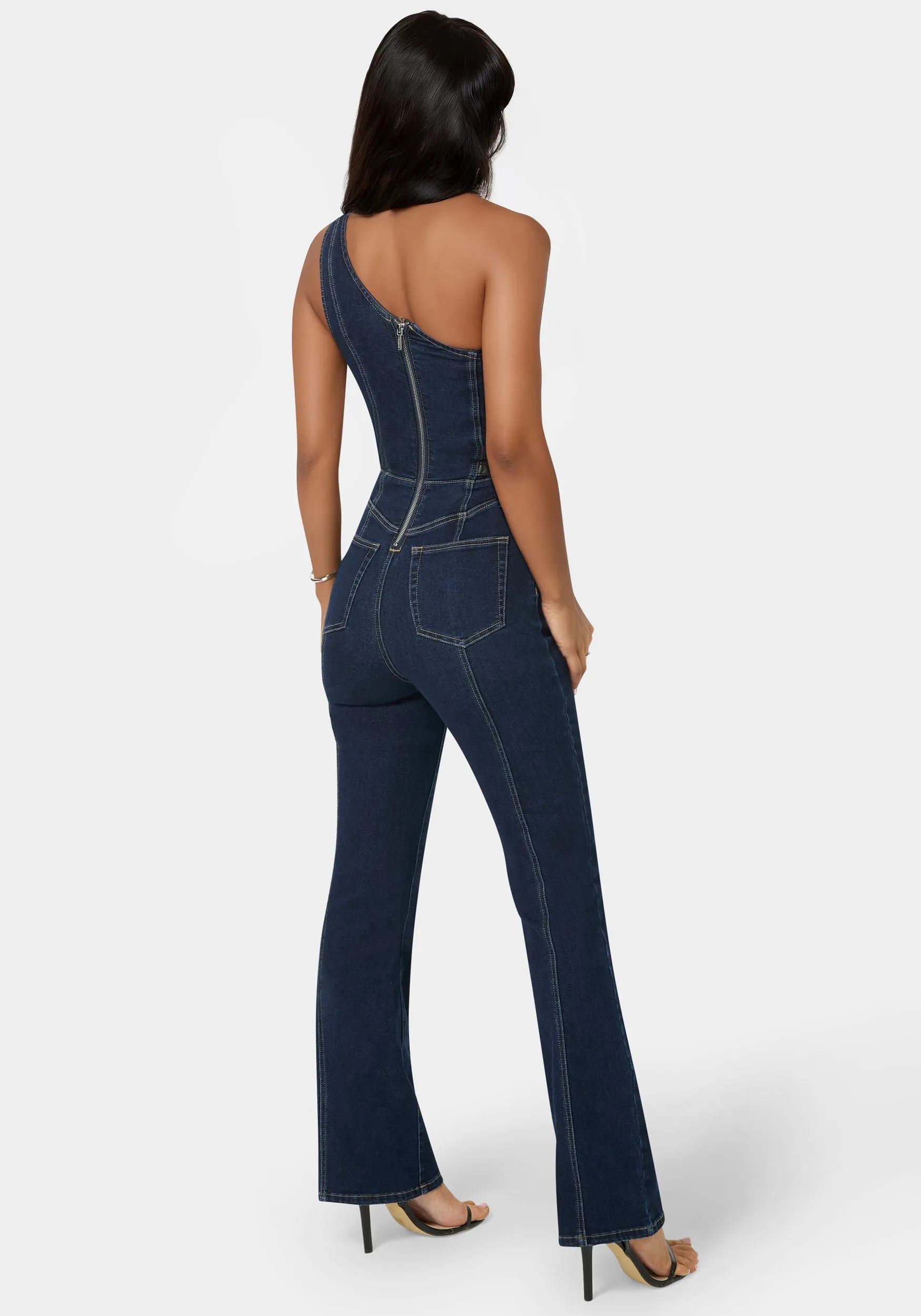One Shoulder Straight Flare Leg Denim Jumpsuit sold by Bebe product image thumbnail 4