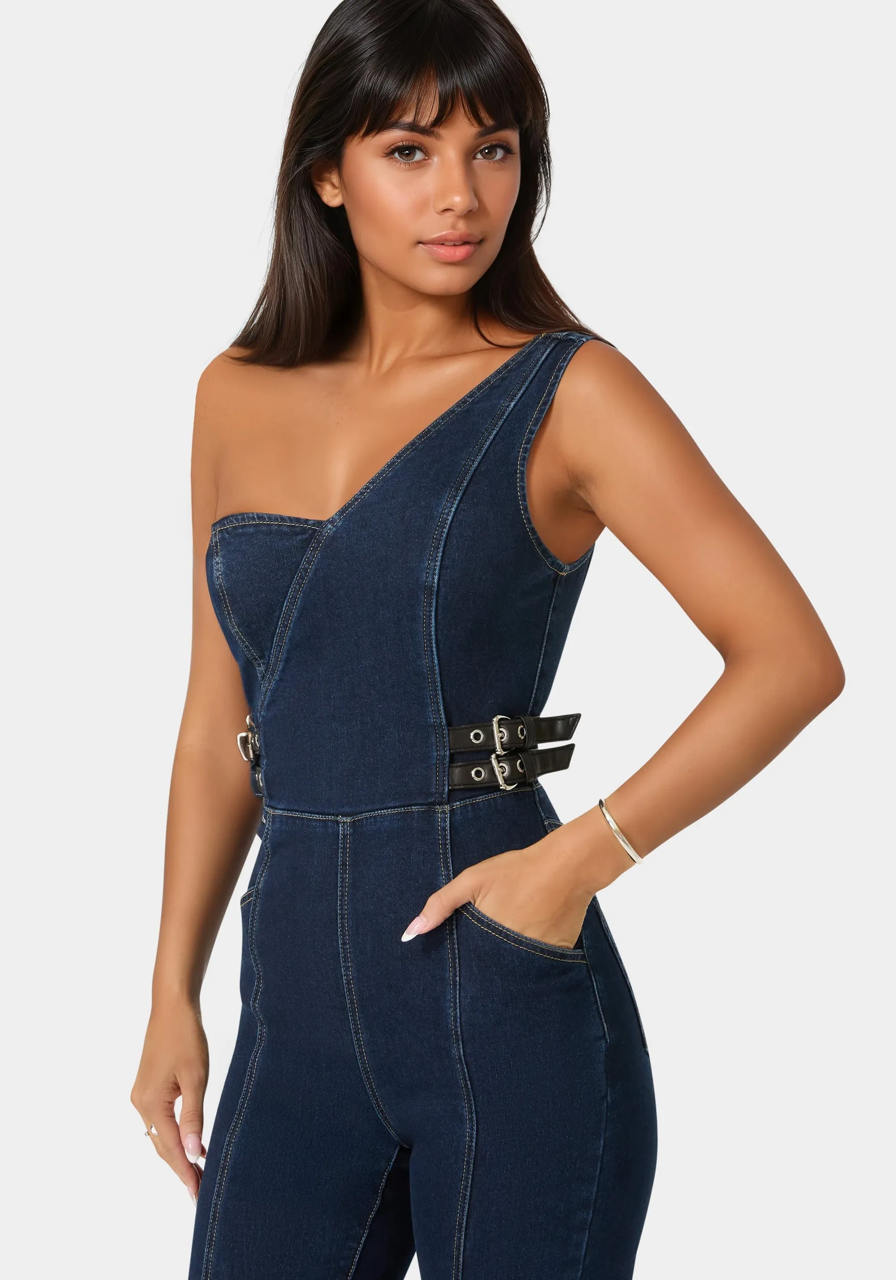 One Shoulder Straight Flare Leg Denim Jumpsuit sold by Bebe product image thumbnail 3
