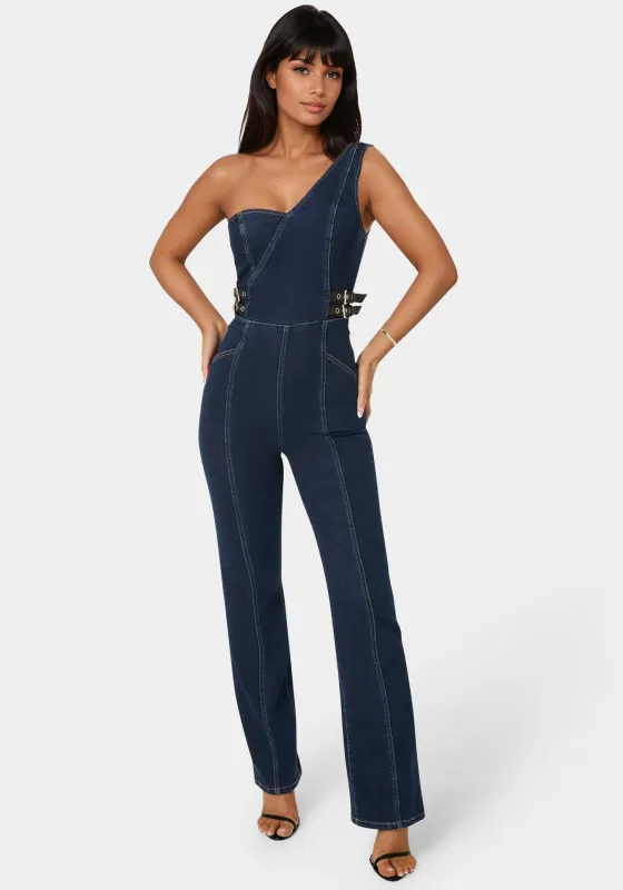 One Shoulder Straight Flare Leg Denim Jumpsuit sold by Bebe