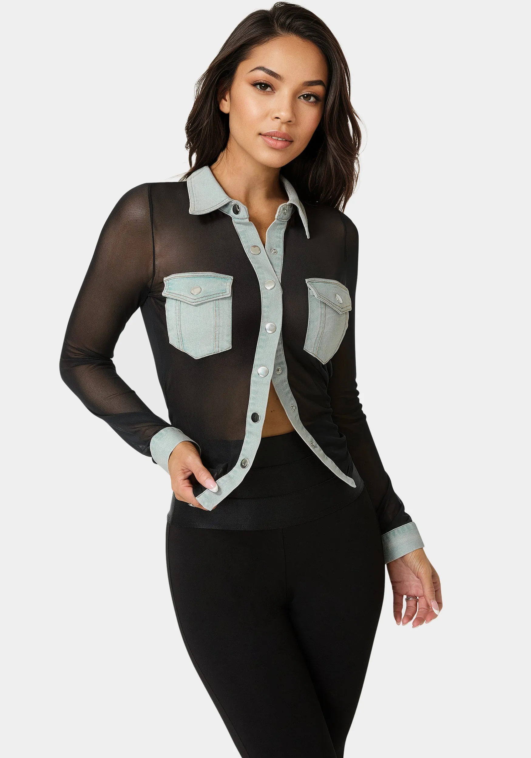 Button Down Mesh Denim Top sold by Bebe product image thumbnail 4