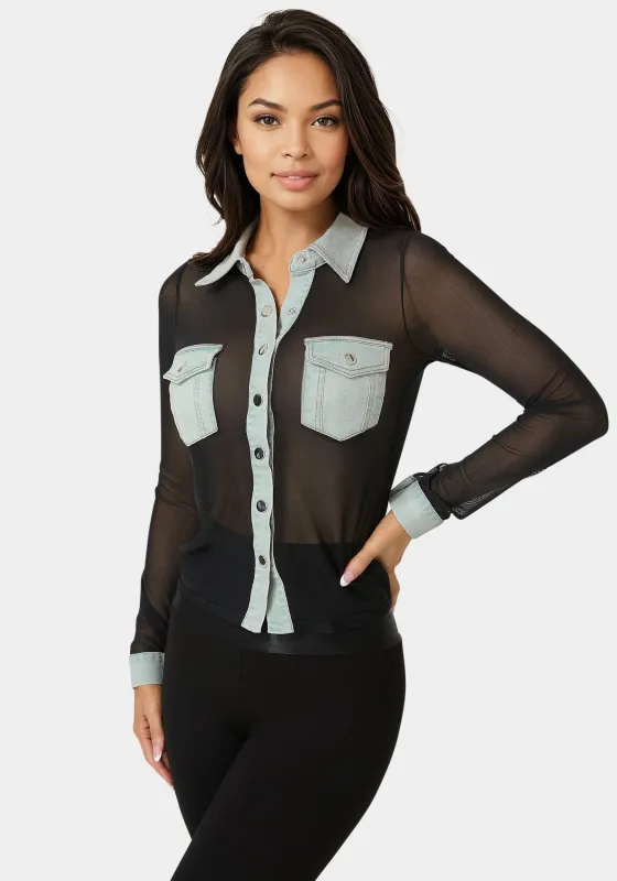Button Down Mesh Denim Top sold by Bebe