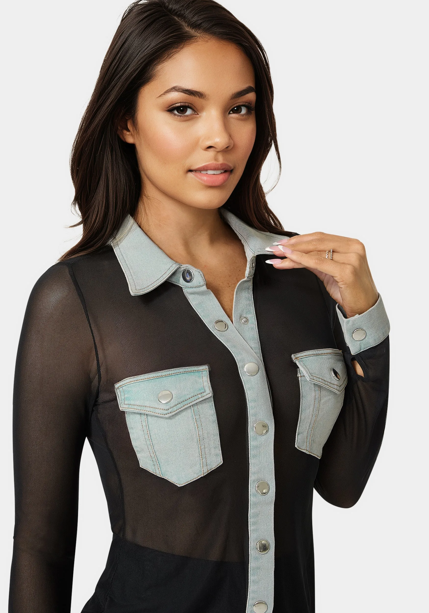 Button Down Mesh Denim Top sold by Bebe product image thumbnail 5