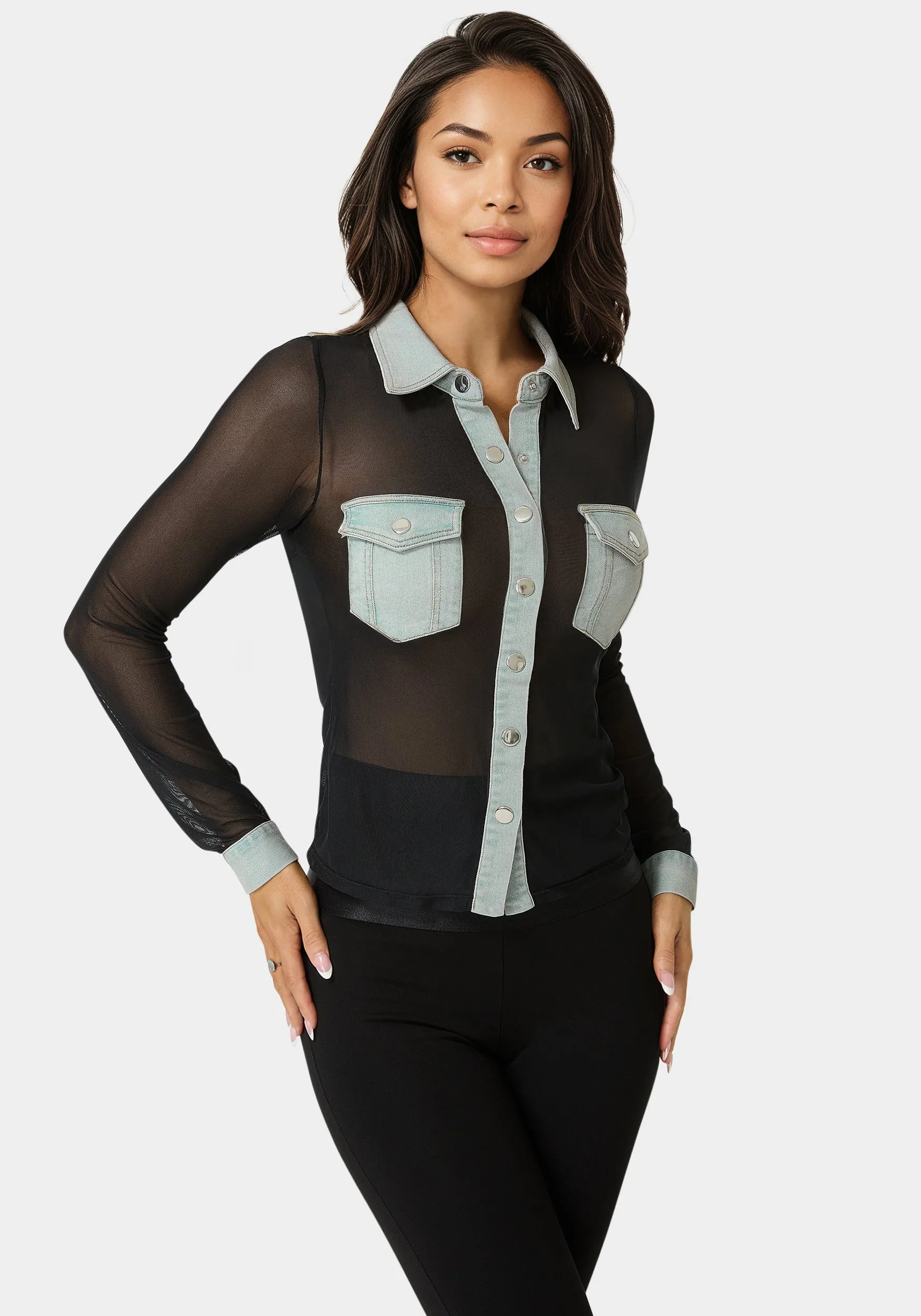 Button Down Mesh Denim Top sold by Bebe product image thumbnail 2