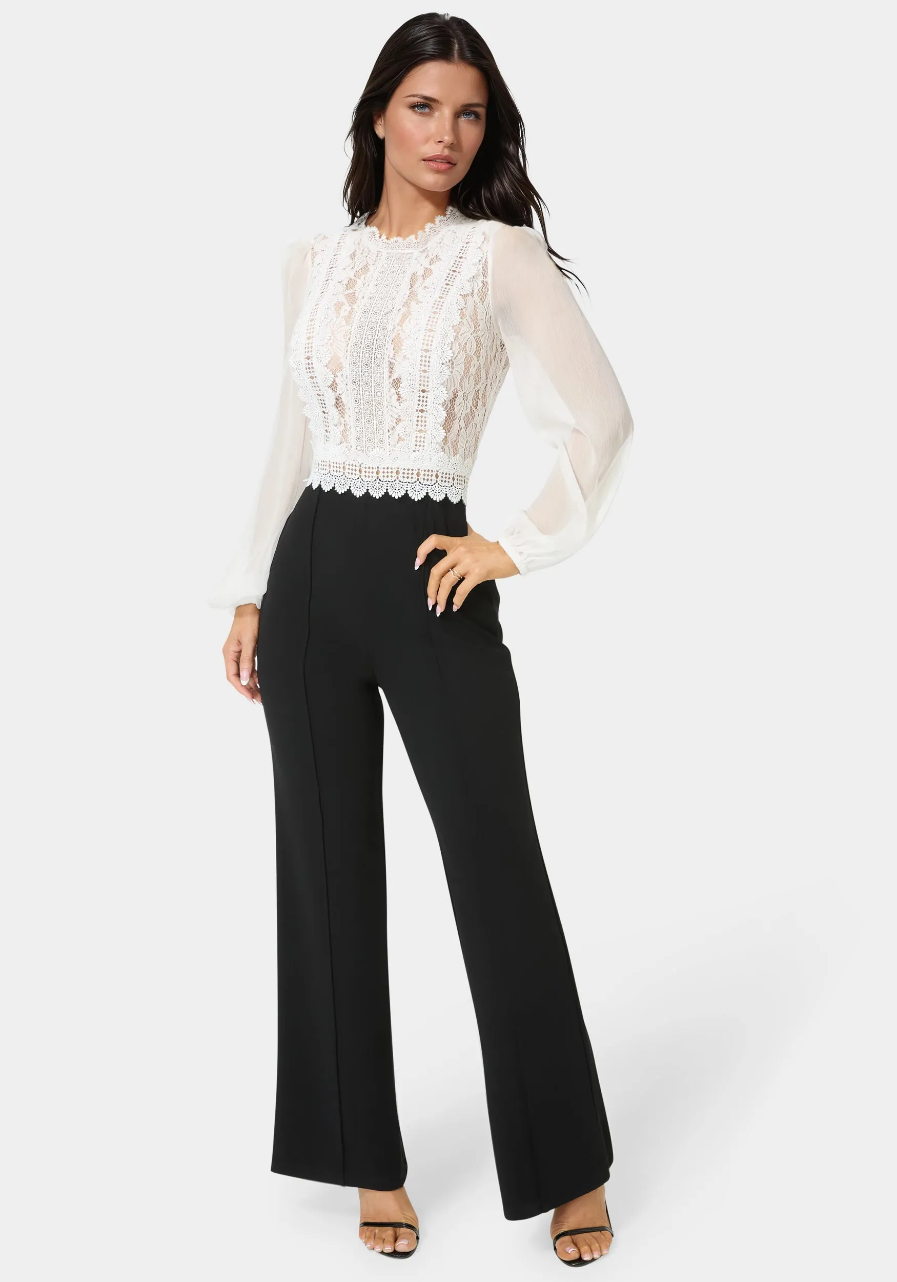 Lace Top Straight Leg Jumpsuit sold by Bebe