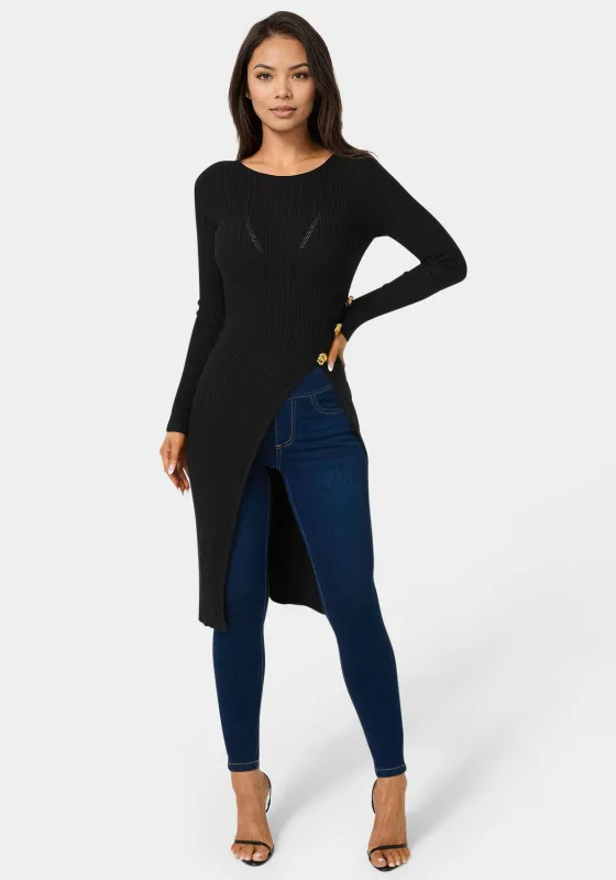 Long Body Side Slit Sweater sold by Bebe
