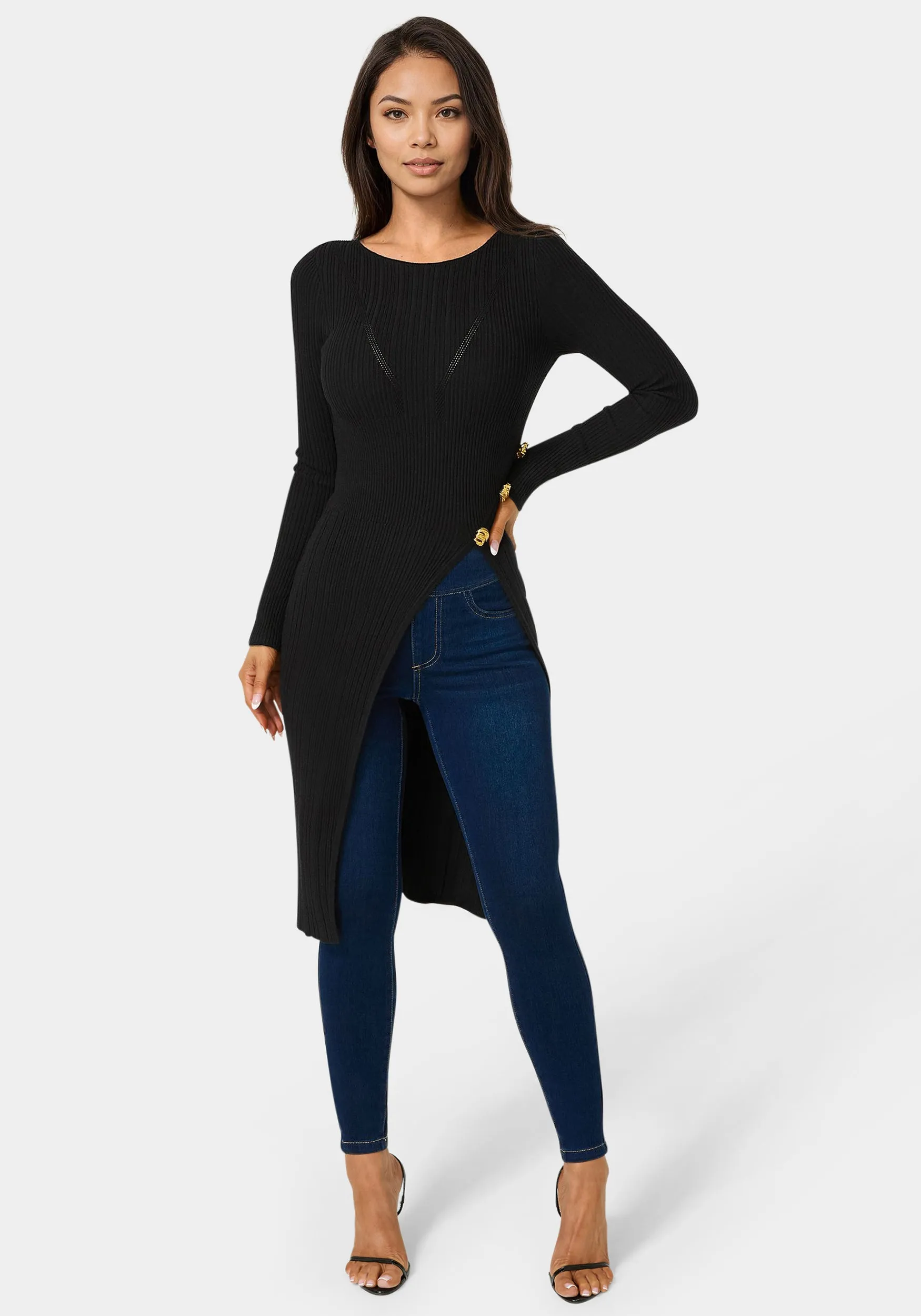Long Body Side Slit Sweater sold by Bebe