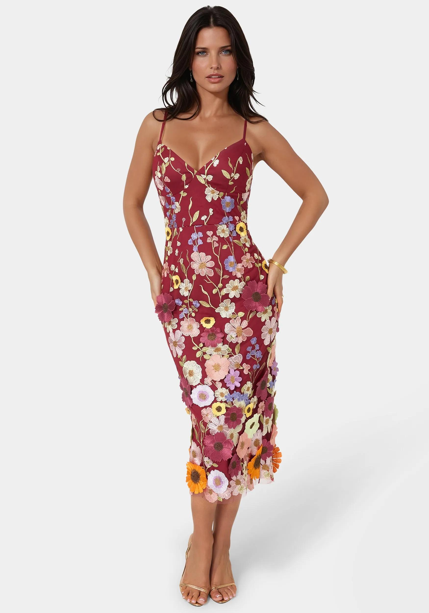 3D Floral Strappy V-Neck Midi Dress sold by Bebe