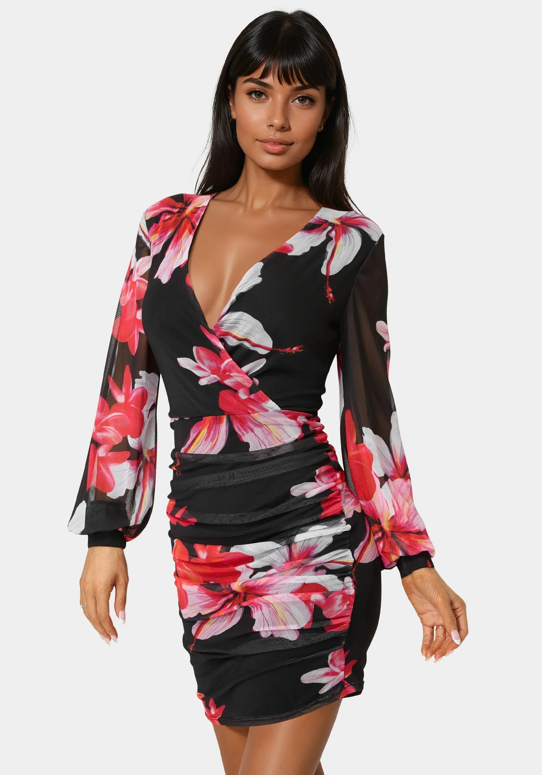 Long Sleeve Ruched Mesh Mini Dress sold by Bebe product image thumbnail 2