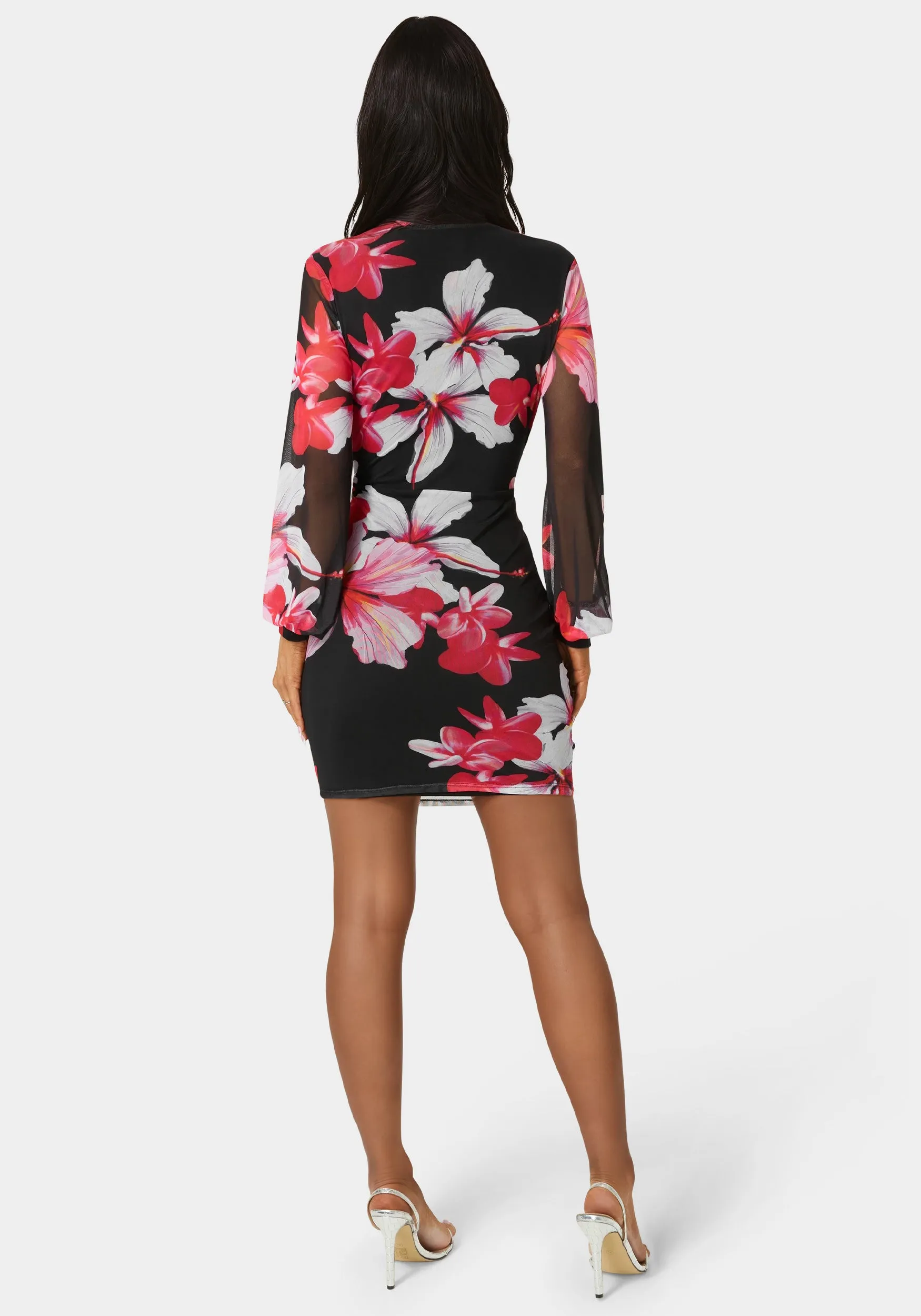 Long Sleeve Ruched Mesh Mini Dress sold by Bebe product image thumbnail 4