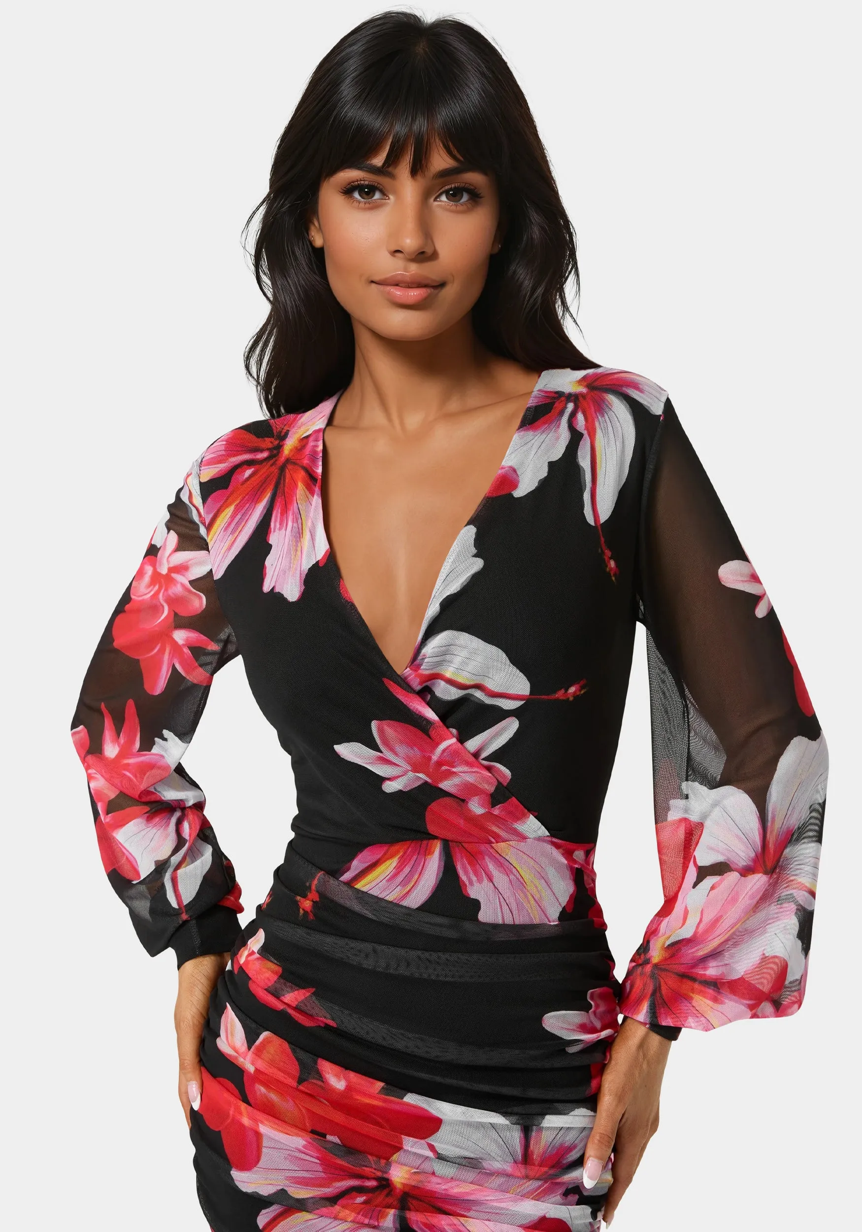 Long Sleeve Ruched Mesh Mini Dress sold by Bebe product image thumbnail 3