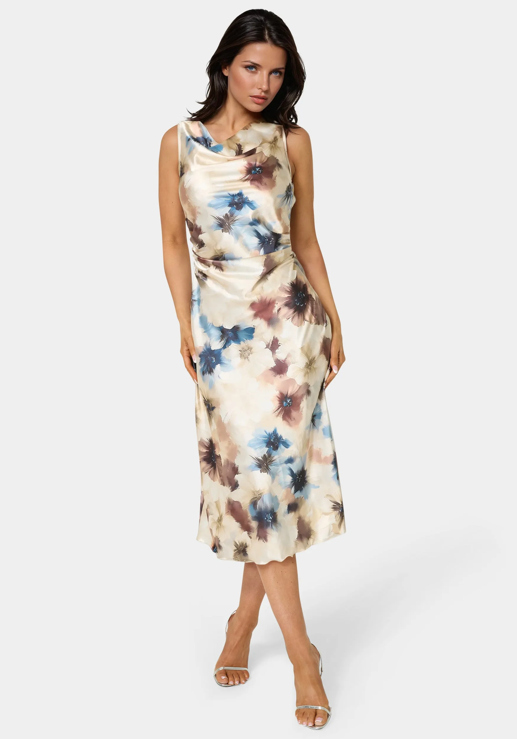 Printed Satin Cowl Maxi Dress sold by Bebe