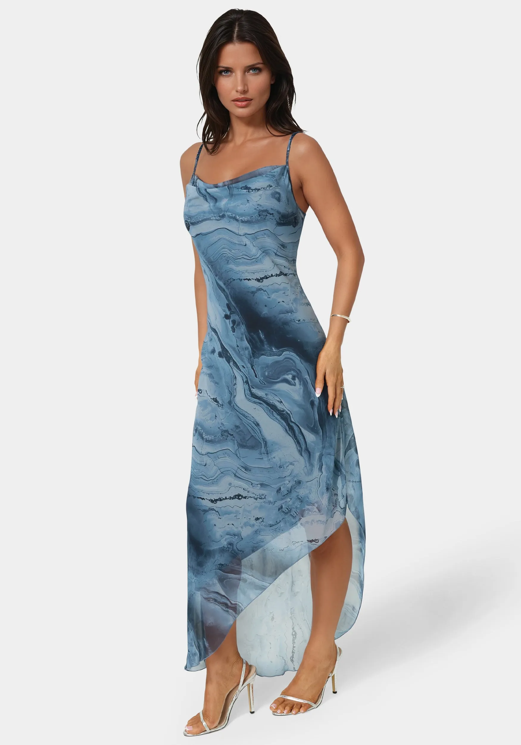 Printed Chiffon Cowl Asymmetrical Maxi Dress sold by Bebe