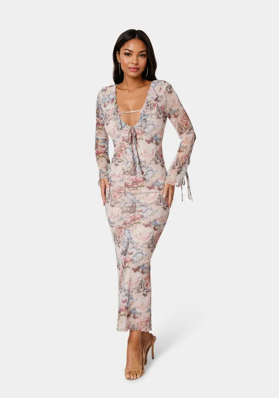 Ruffle Detail Mesh Maxi Dress sold by Bebe