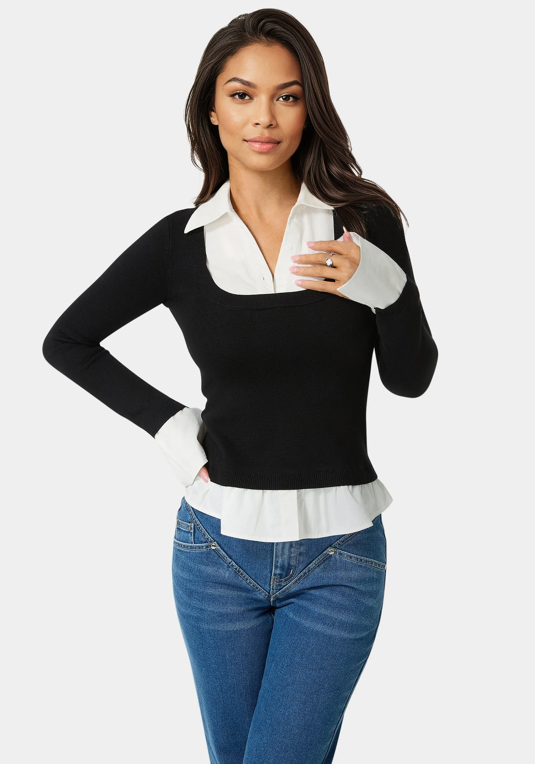 Poplin Combo Fooler Sweater sold by Bebe