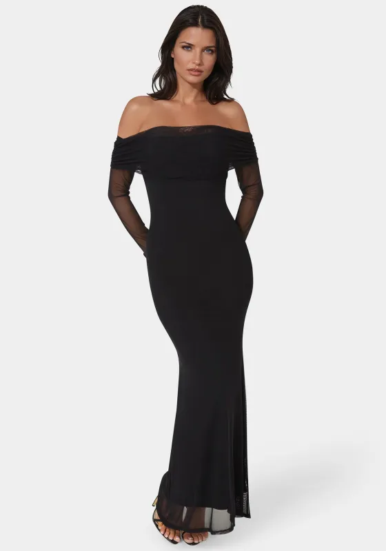 Long Sleeve Off the Shoulder Mesh Maxi Dress sold by Bebe