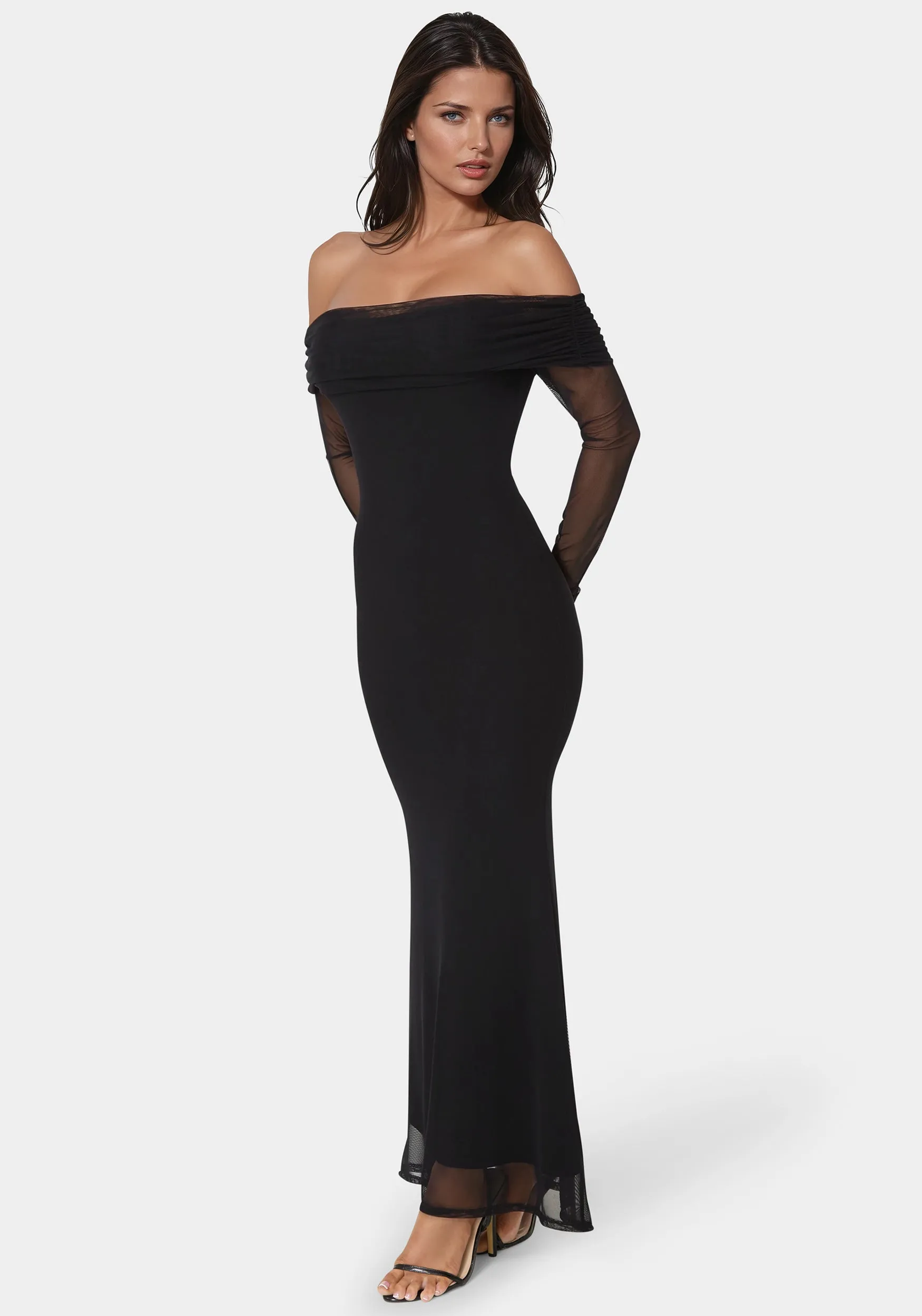 Long Sleeve Off the Shoulder Mesh Maxi Dress sold by Bebe product image thumbnail 2