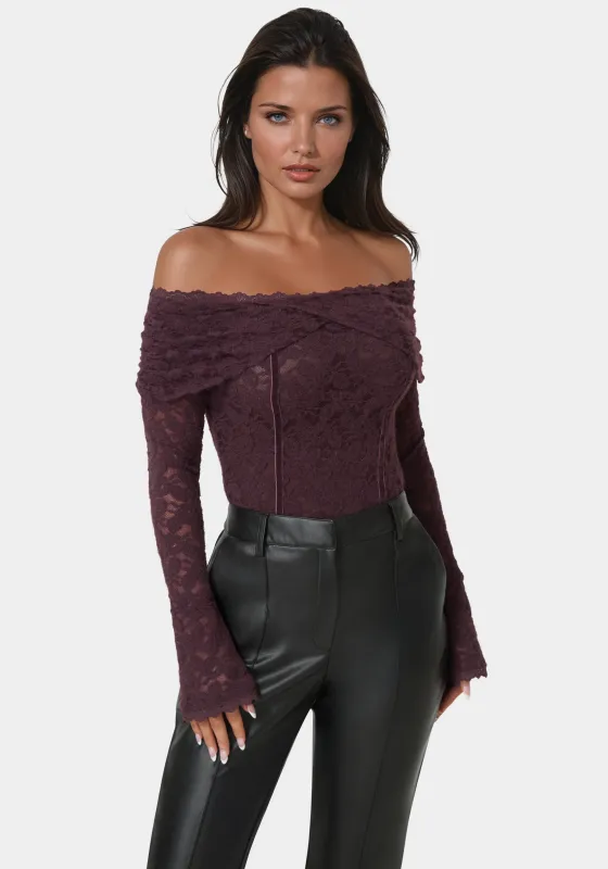 Off Shoulder Fluffy Lace Top sold by Bebe
