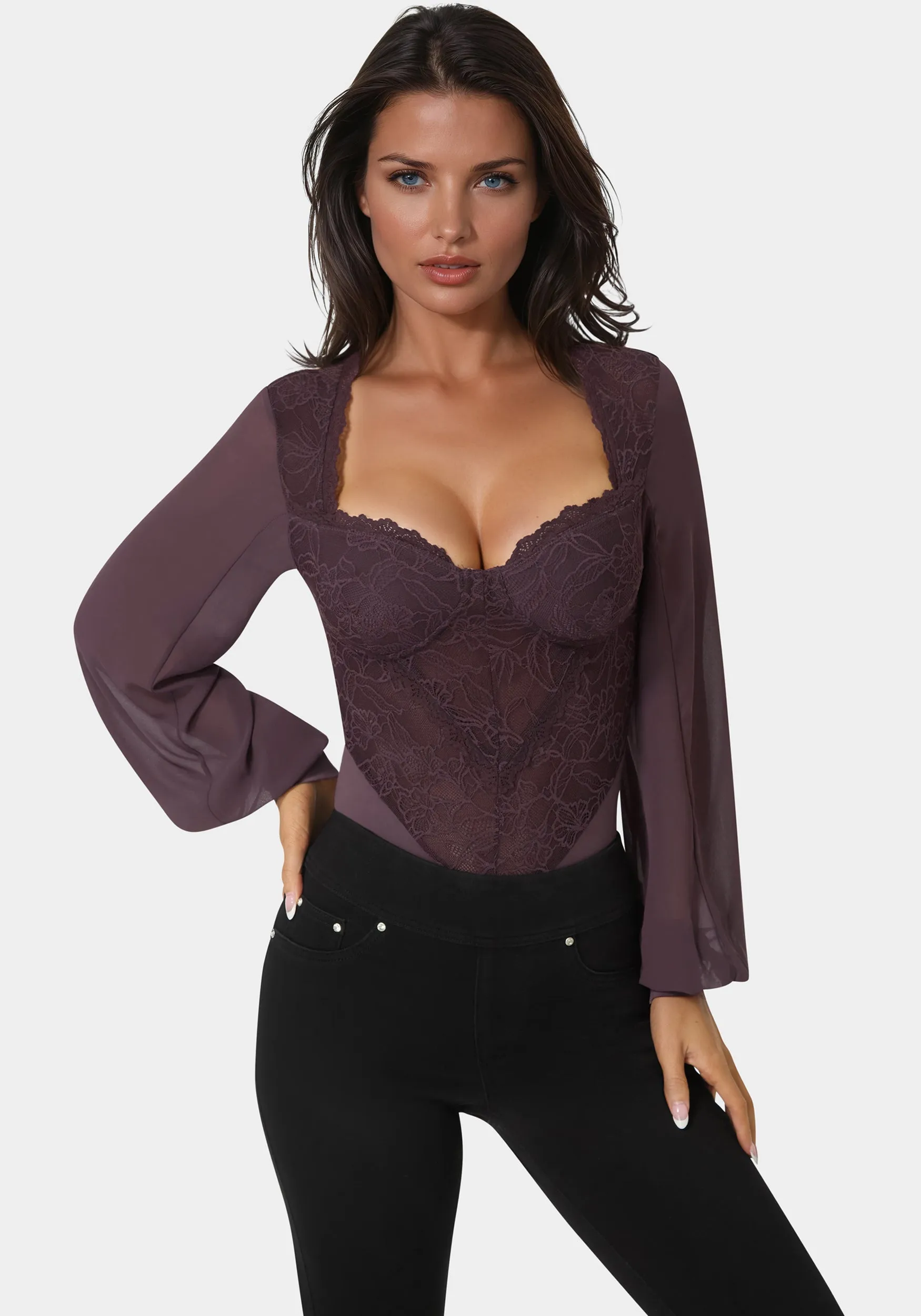 Lace Chiffon Long Sleeve Bodysuit sold by Bebe