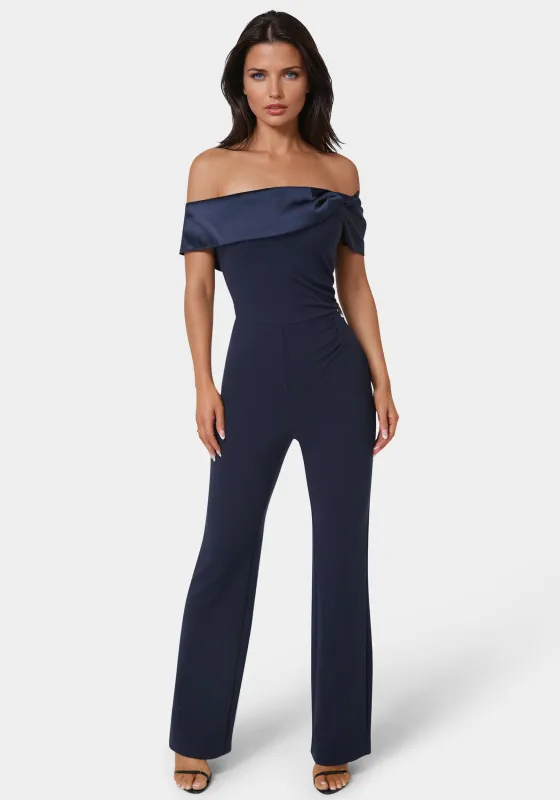 Off Shoulder Straight Leg Jumpsuit sold by Bebe