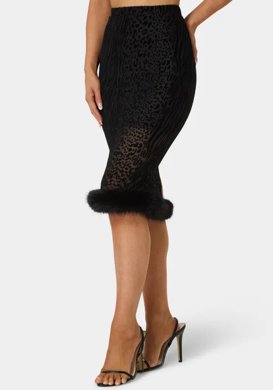 Animal Mesh Faux Fur Trim Midi Skirt sold by Bebe