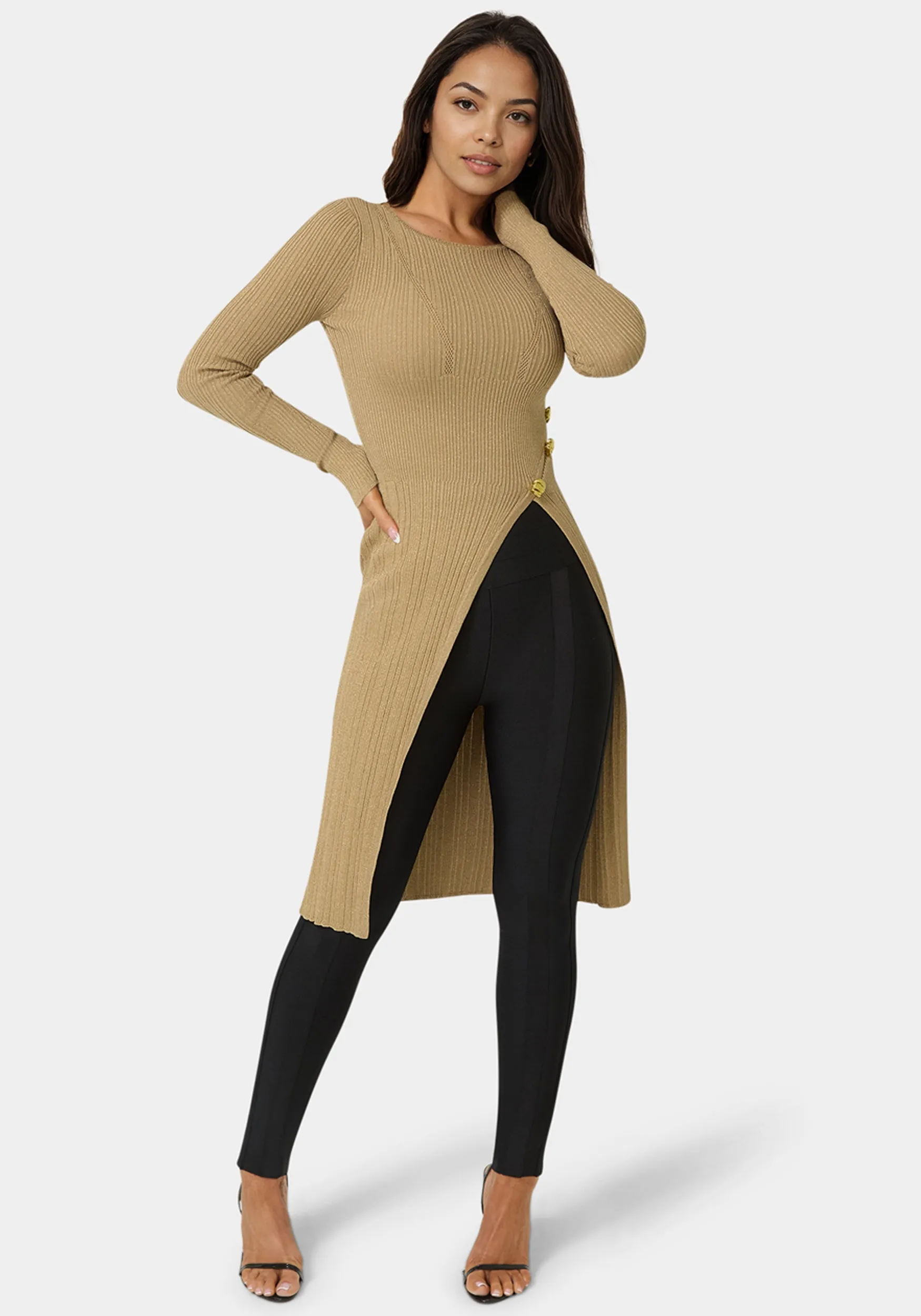 Long Body Side Slit Lurex Sweater Top sold by Bebe