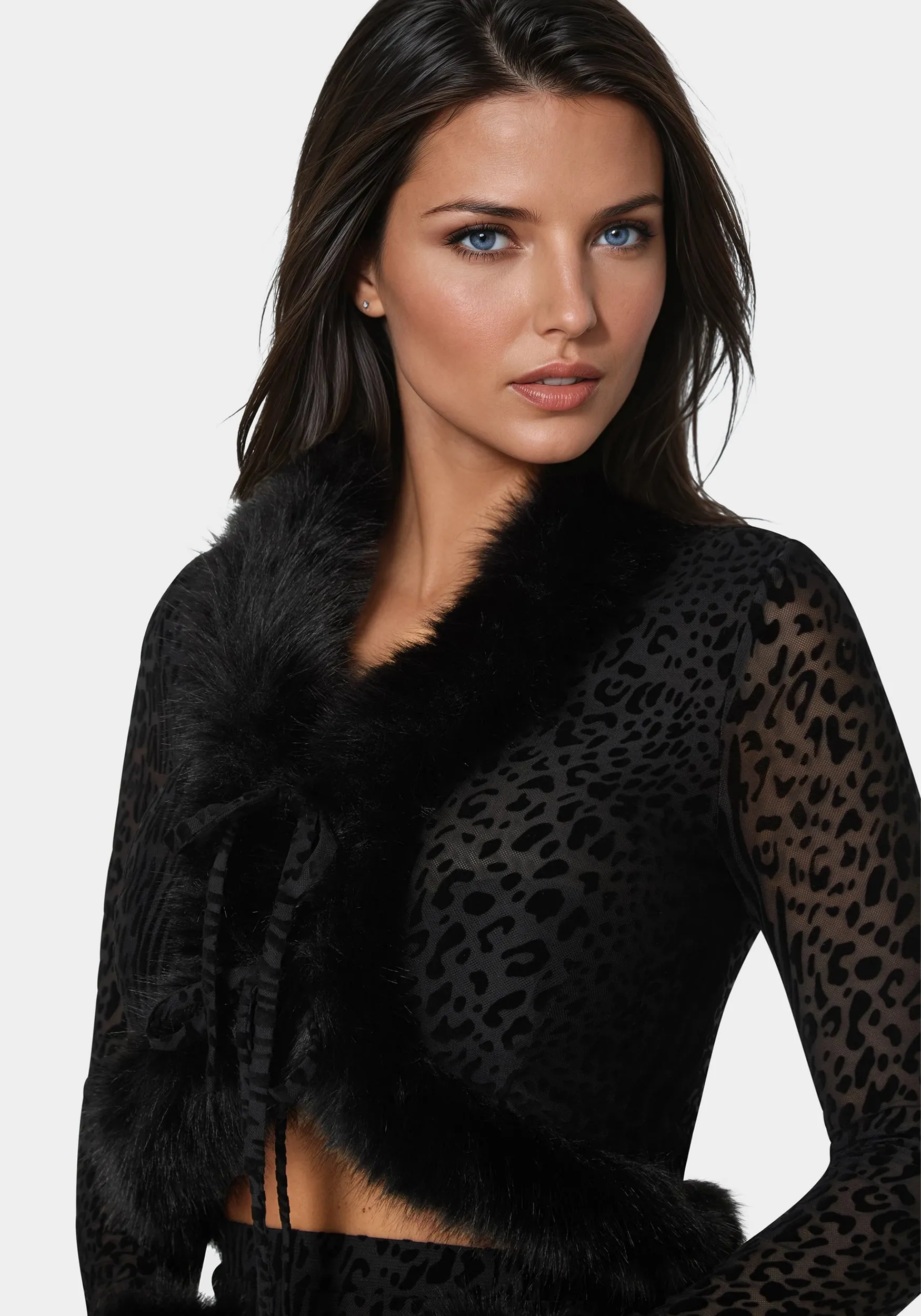 Animal Mesh Faux Fur Trim Long Sleeve Top sold by Bebe product image thumbnail 4