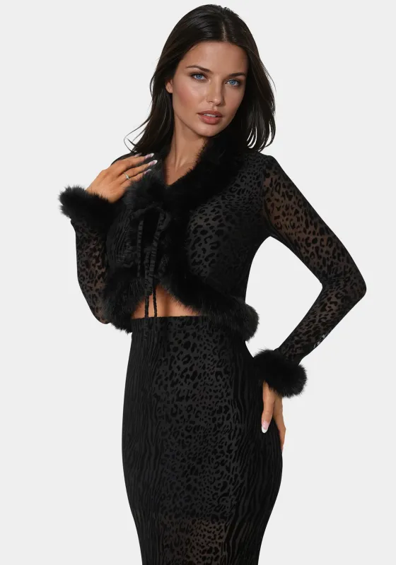 Animal Mesh Faux Fur Trim Long Sleeve Top sold by Bebe