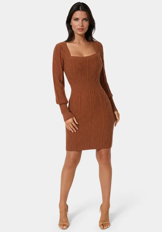 Square Neck Long Sleeve Cable Sweater Dress sold by Bebe