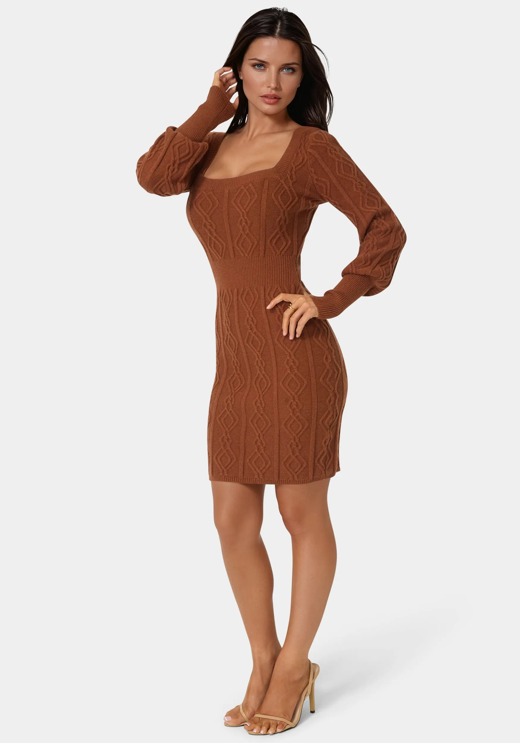 Square Neck Long Sleeve Cable Sweater Dress sold by Bebe product image thumbnail 2
