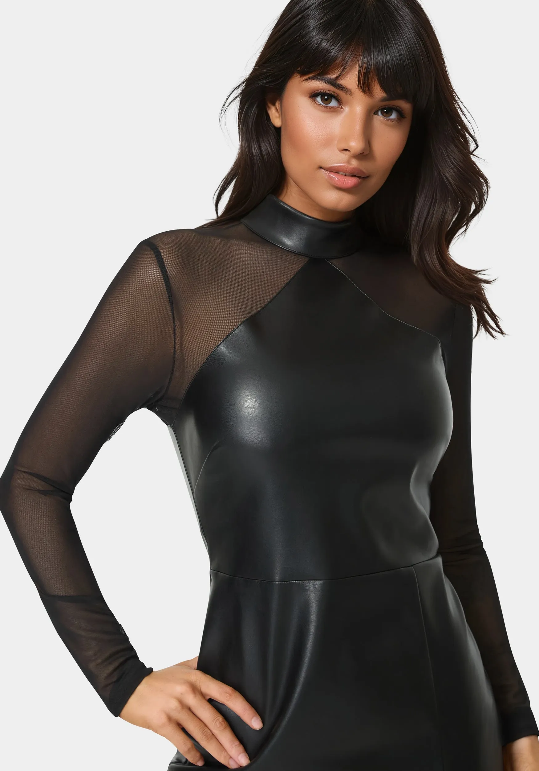 Faux Leather and Mesh Mock Neck Mini Dress sold by Bebe product image thumbnail 4