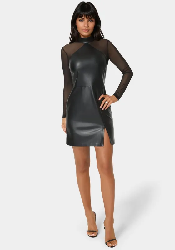 Faux Leather and Mesh Mock Neck Mini Dress sold by Bebe