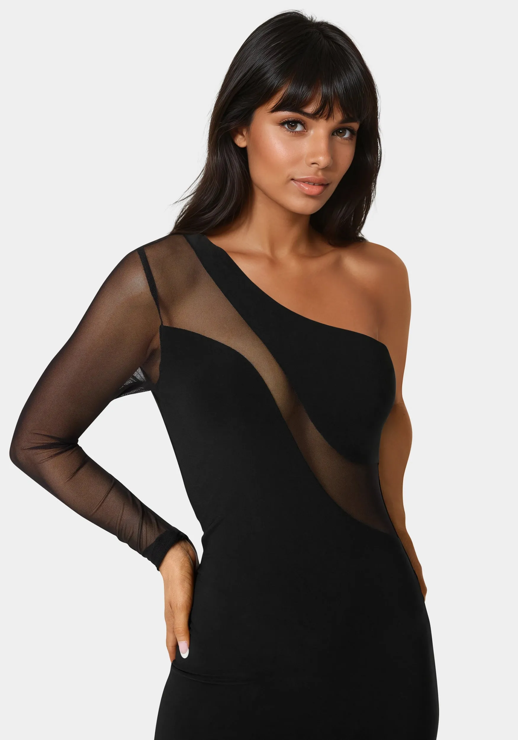 One Shoulder Mesh Insert Midi Dress sold by Bebe product image thumbnail 4