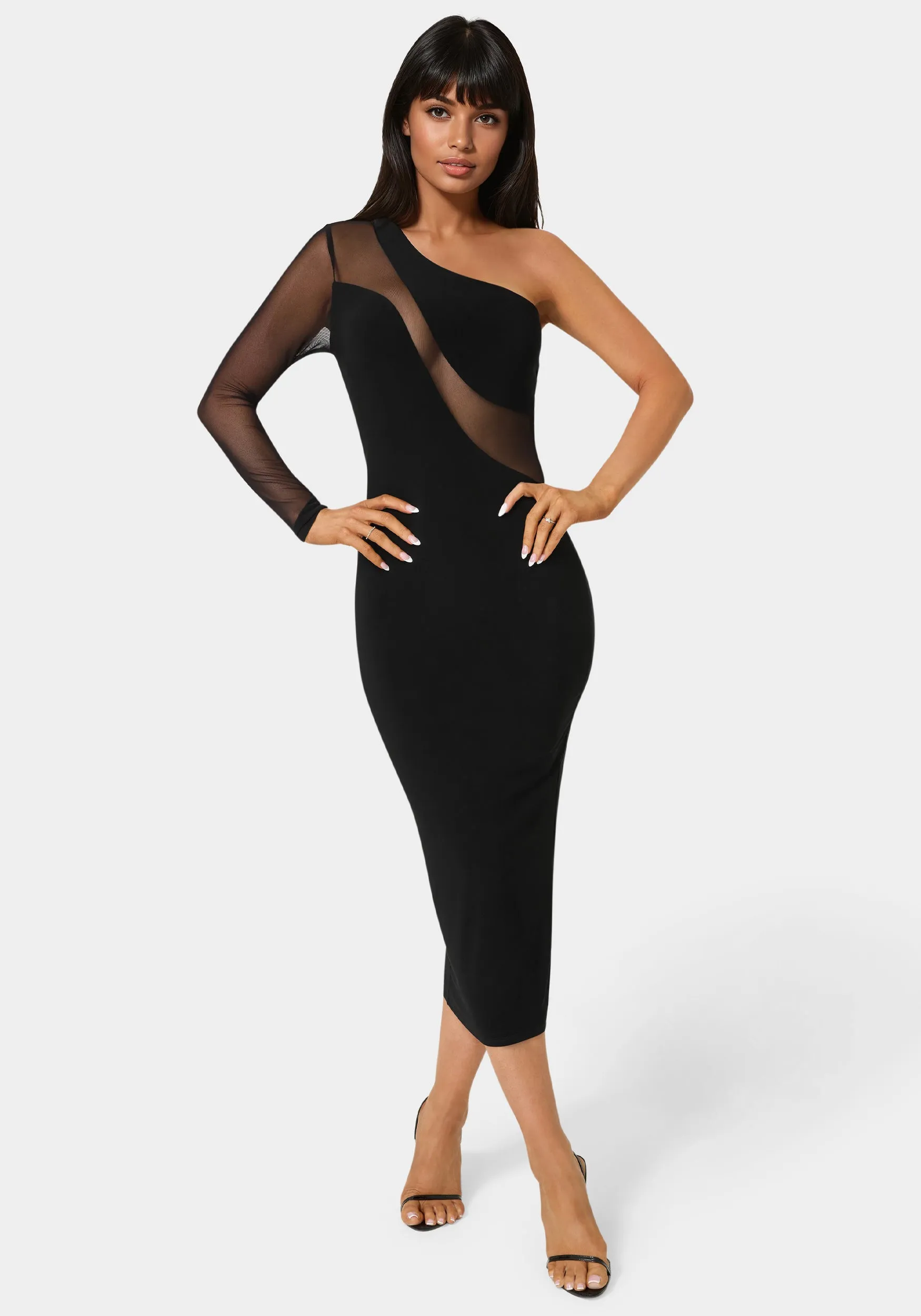 One Shoulder Mesh Insert Midi Dress sold by Bebe