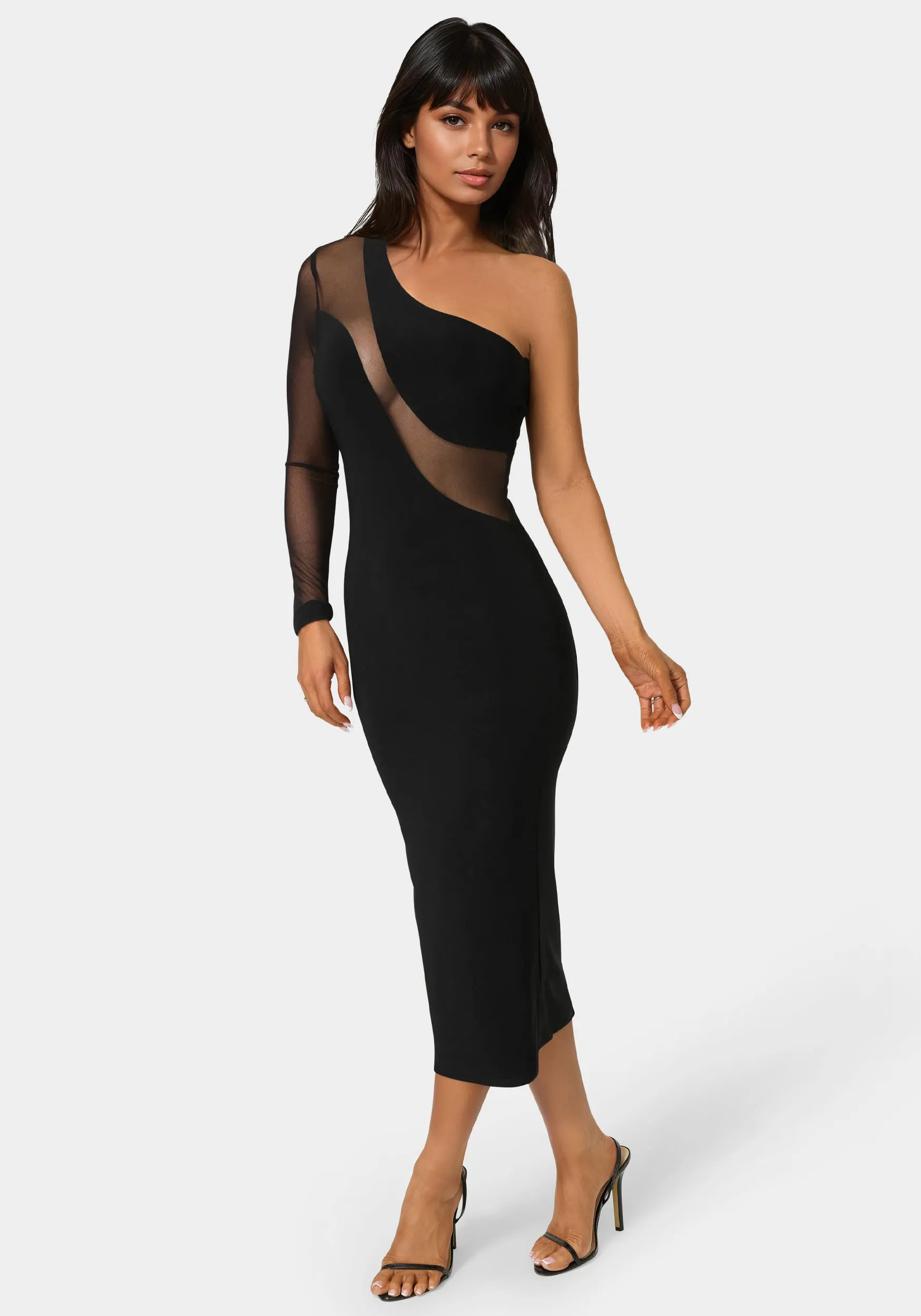 One Shoulder Mesh Insert Midi Dress sold by Bebe product image thumbnail 2